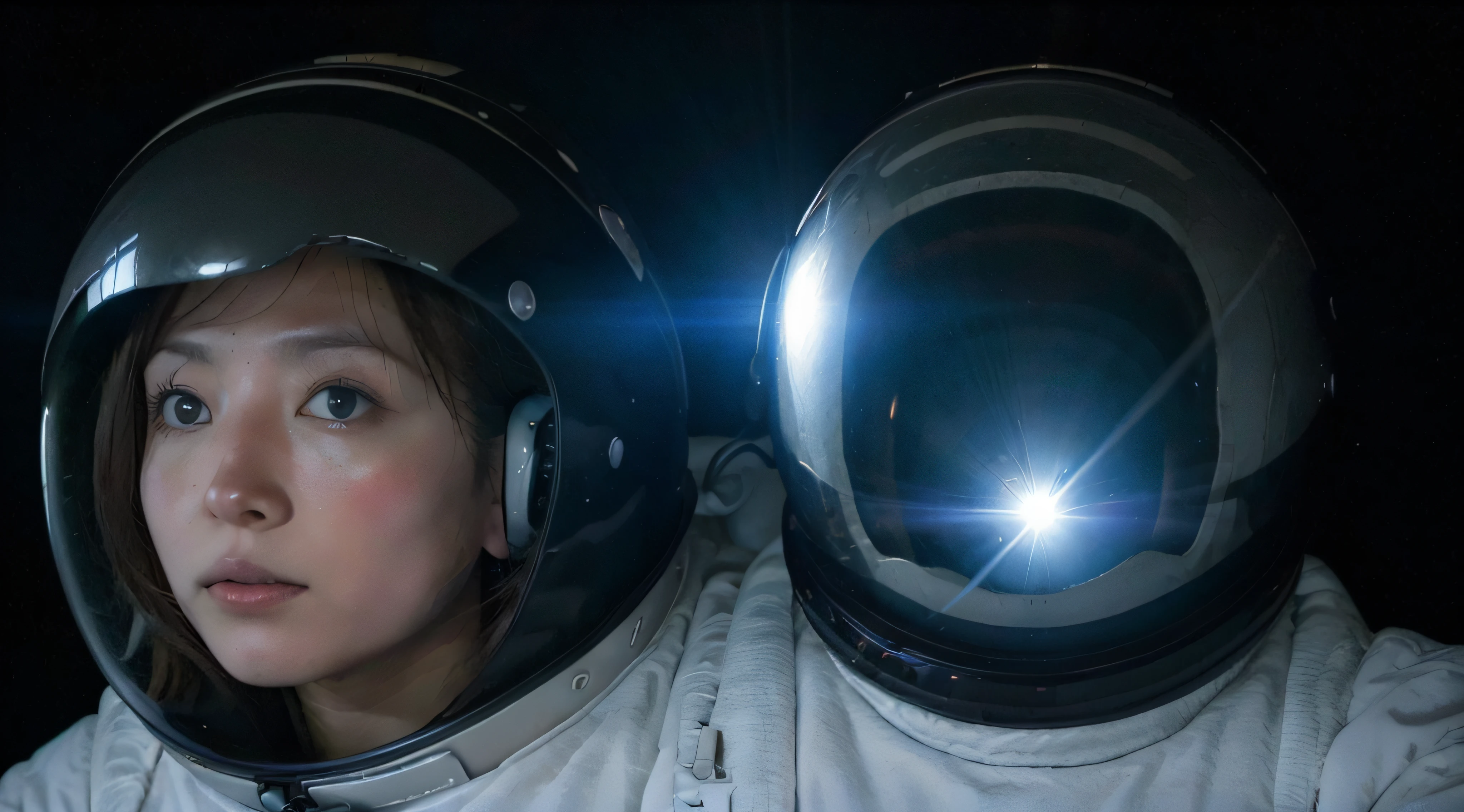 (((Super Detail))), Best Quality,One Japan Woman、Spacewalk in spacesuit、A black hole is reflected in the helmet