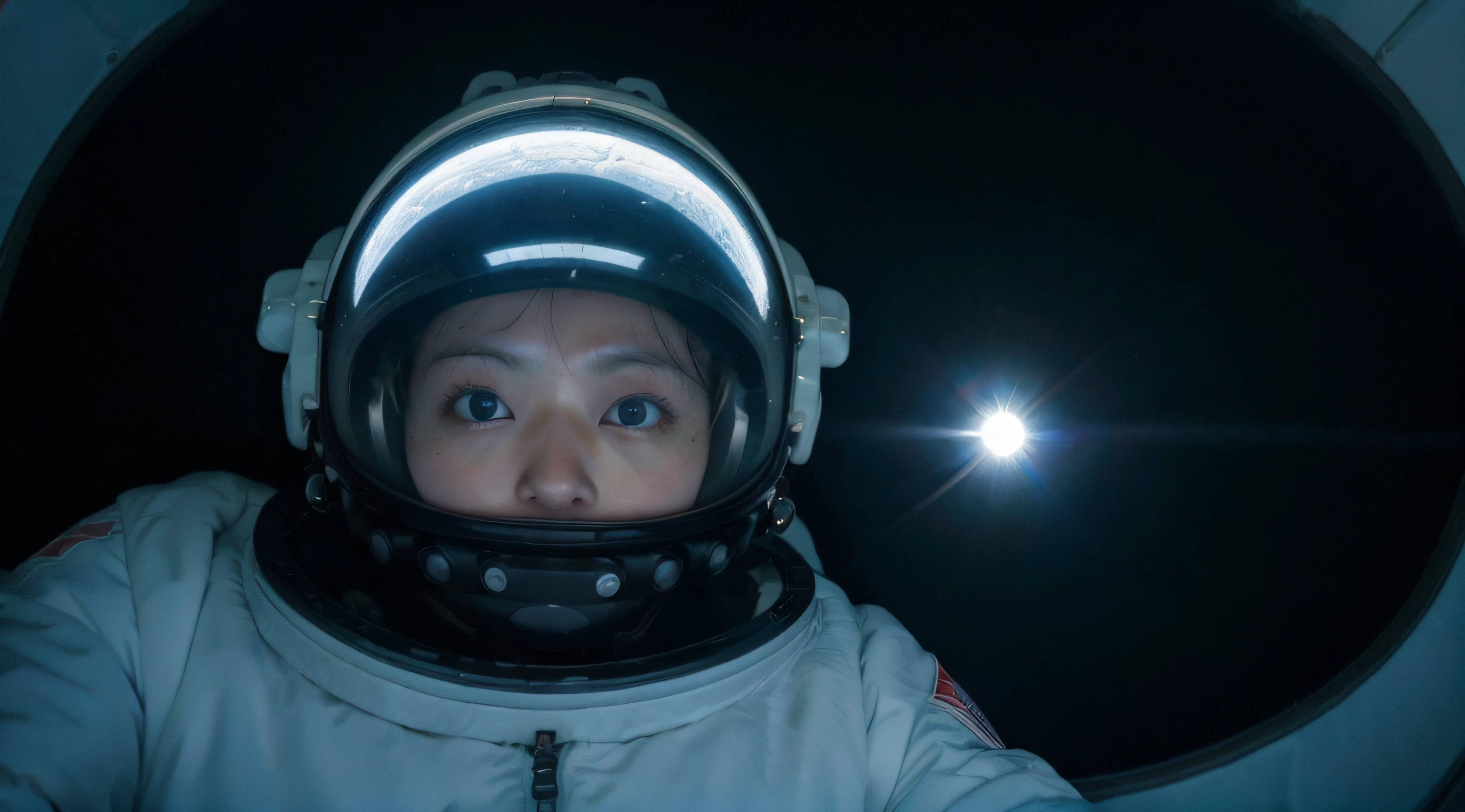 (((Super Detail))), Best Quality,One Japan Woman、Spacewalk in spacesuit、A black hole is reflected in the helmet