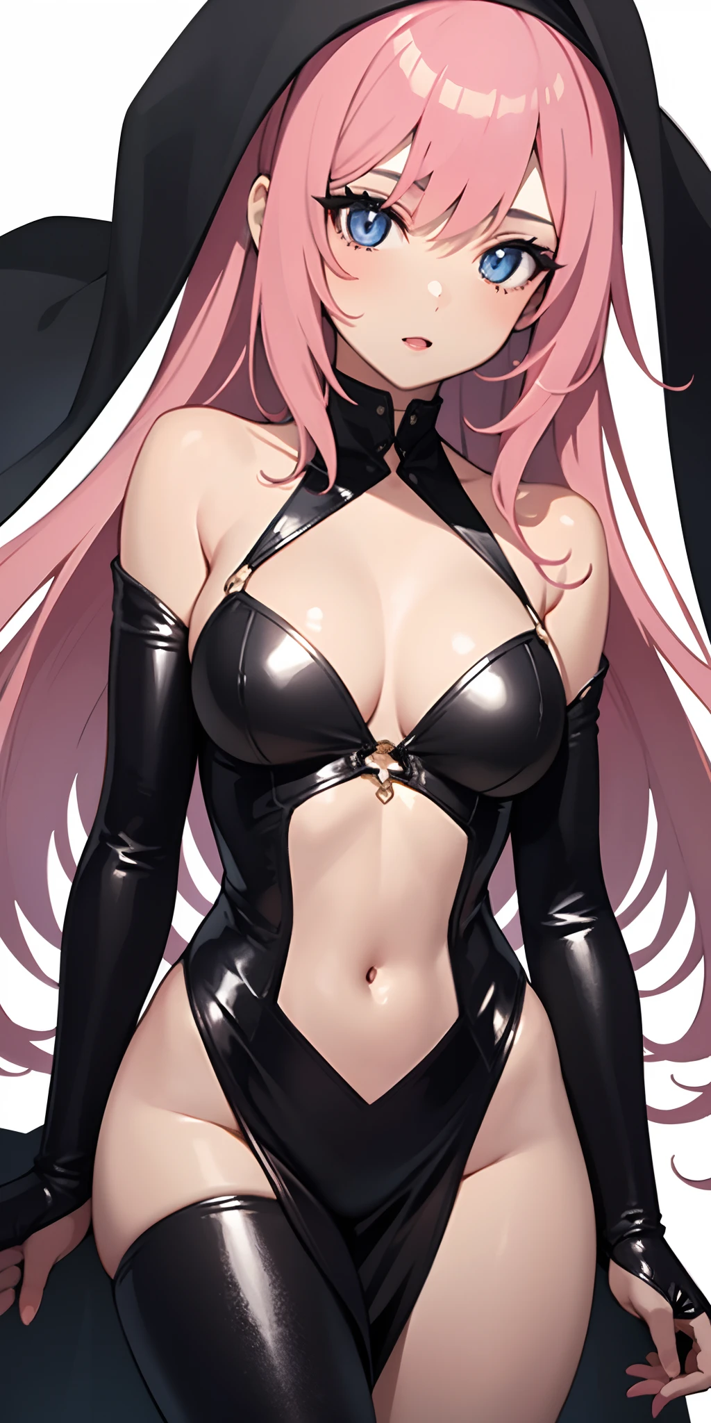 1girl, anime, cute girl, rogue, blank background, white background, fantasy, very detailed dark leather fantasy outfit with highlights, beautiful face, beautiful eyes, dark colors, assassin, medium breasts, slight cleavage, beautiful skin, cute, pink hair, breast curtains, extremely delicate and beautiful, (beautiful detailed face:1.0), (detailed deep eyes), symmetrical breasts, deep eyes, steam, shiny skin, portrait, slender waist, hips wider than shoulders, thighs