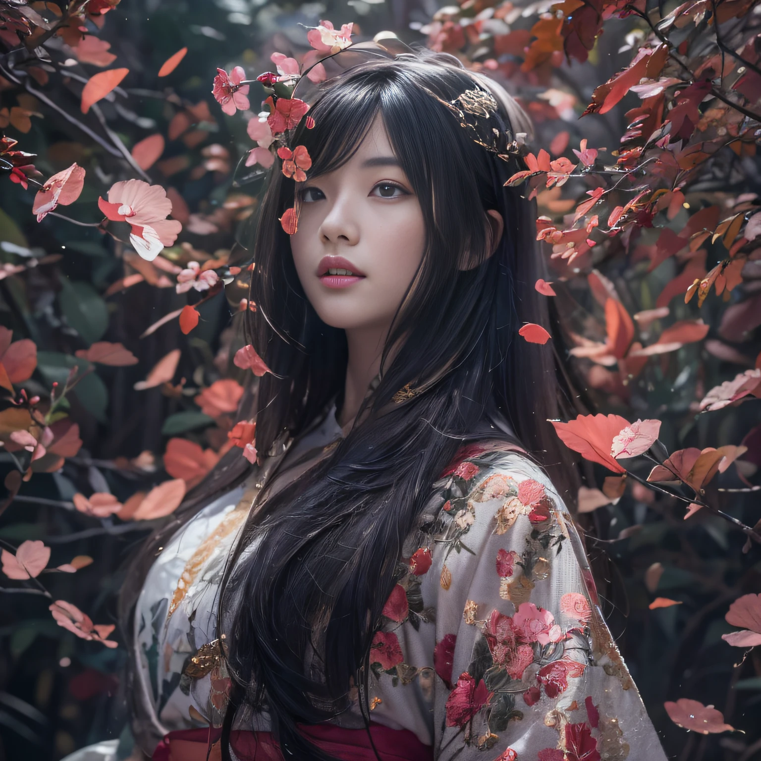 32K(tmasterpiece,k hd,hyper HD,32K)Long flowing black hair,ponds,zydink, a color, Asian people (Silly girl), (Red scarf), Combat posture, looking at the ground, long whitr hair, Floating hair, Carp pattern headdress, Chinese long-sleeved jeans, (abstract ink splash:1.2), Pink petal background,Pink and white lotus flowers fly(realisticlying:1.4),Black color hair,Fallen leaves flutter,The background is pure, A high resolution, the detail, RAW photogr, Sharp Re, Nikon D850 Film Stock Photo by Jefferies Lee 4 Kodak Portra 400 Camera F1.6 shots, Rich colors, ultra-realistic vivid textures, Dramatic lighting, Unreal Engine Art Station Trend, cinestir 800,Long flowing black hair
