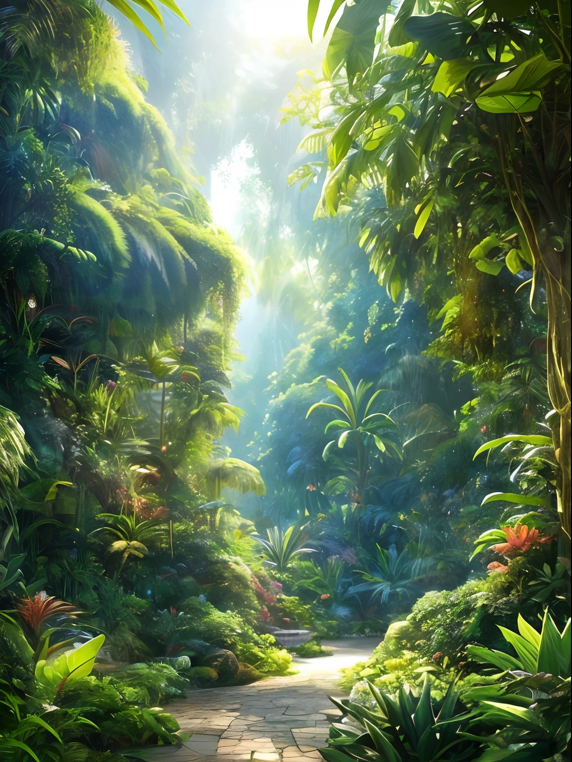 Digital illustration, Detailed and intricate, The dense jungle is full of exotic plants and animals, Sunlight shines through the canopy,Produces a mottled effect. In the style of Yoshitaka Amano and Hayao Miyazaki, Masterpiece, Proportional, Detailed, trending on artstationh, Beautiful lighting, Realistic, Intricate, Award-Awarded, 4K, Highest quality