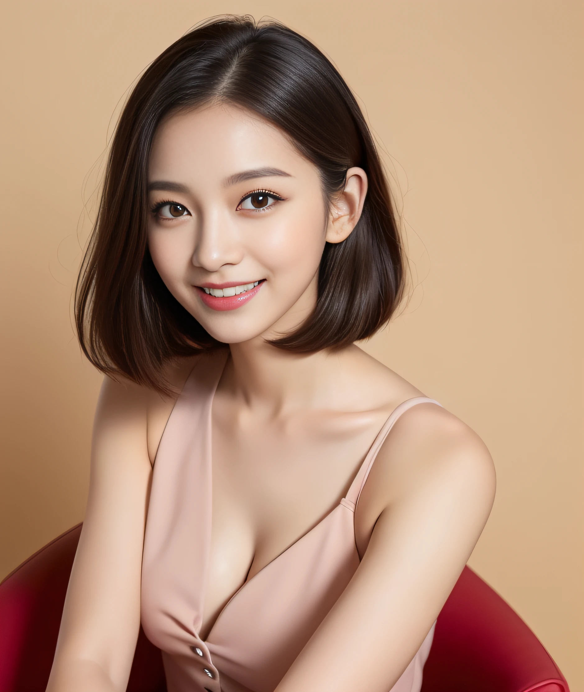 ((best quality, 8K, masterpiece: 1.3)), beautiful girl, pure, melon face, kind and cute, sweet smile, pure desire, slender body, (front), (tilted head), ((looking at camera) ) , wearing a pink suit, smooth black medium hair, long flowing shoulders, round black big eyes, clear big eyes, moist red lips, sweet, sitting on a chair, lounge background, ((( Whole body))),