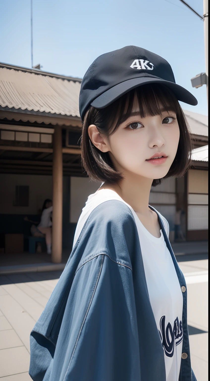 4K、masutepiece、top-quality、Raw photo、Photoreal Stick、hight resolution、Cute 18 year old woman in Japan , Face like an idol、Black Hair Layer Cut Bob Hair、skin tanned、Wearing a baseball hat backwards、Cute Real Photo Girl、blue-sky、Station platform