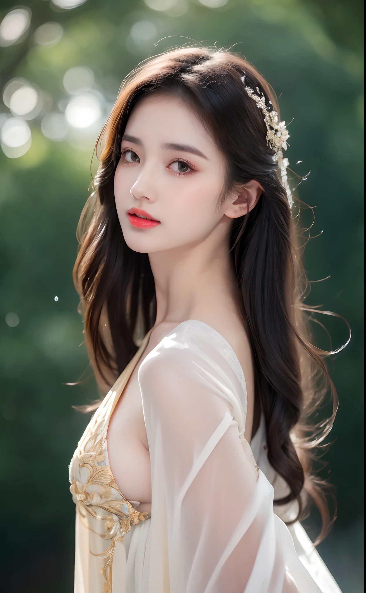 ((Best Quality, 8k, Masterpiece: 1.3)), Focus: 1.2, Perfect Body Beauty: 1.4, Buttocks: 1.2, ((Layered Haircut)), (Wet Clothes: 1.1), (Rain, Street:1.3), (Breasts: 1.2), (Hanfu: 1.2), Bare Shoulders, Bare Legs, Highly Detailed Face and Skin Texture, Fine Eyes, Double Eyelids, Whitened Skin, Long Hair, (Shut Up: 1.5), (Bokeh Background: 1.5), Big Breasts