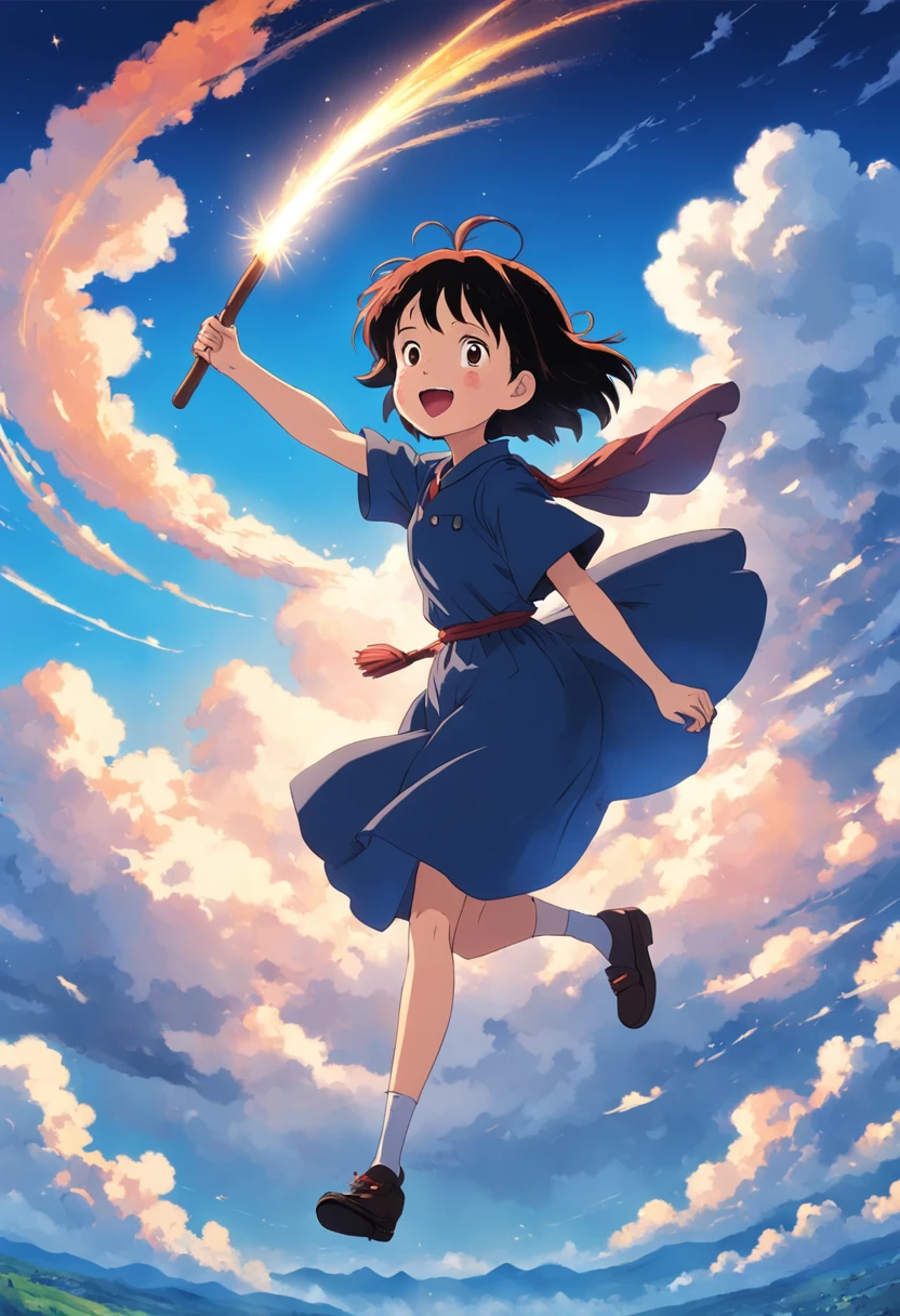 masterpiece, best quality, movie still, 1girl ride on a broom flying on the sky,  kikis delivery service, miyazaki's animated film, ghibli anime, cloud floating in the sky, blue sky, close-up, bright, happy, warm soft lighting, sunrise, (sparks:0.7)