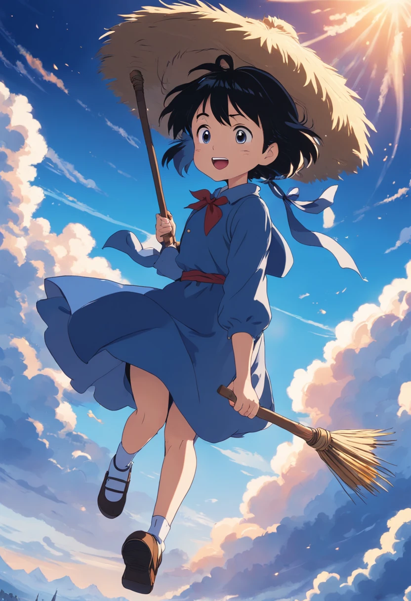 masterpiece, best quality, movie still, 1girl ride on a broom flying on the sky,  kikis delivery service, miyazaki's animated film, ghibli anime, cloud floating in the sky, blue sky, close-up, bright, happy, warm soft lighting, sunrise, (sparks:0.7)