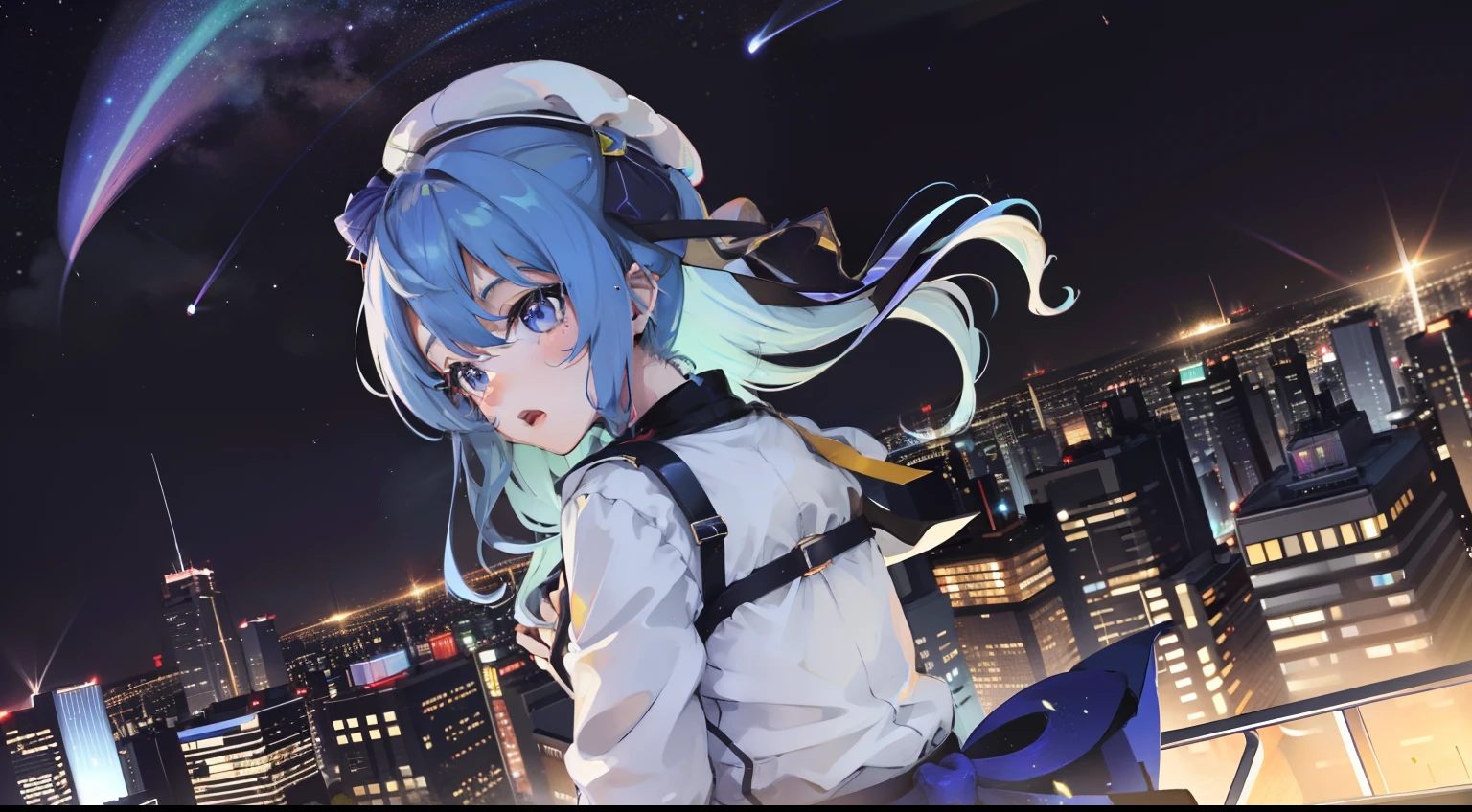 Faraway view、1girl, Hoshimachi Suisei(hololive)、masterpiece、top-quality、A Ray of Shooting Star、nighttime scene、skyscraper、On the roof of a high-rise building、
