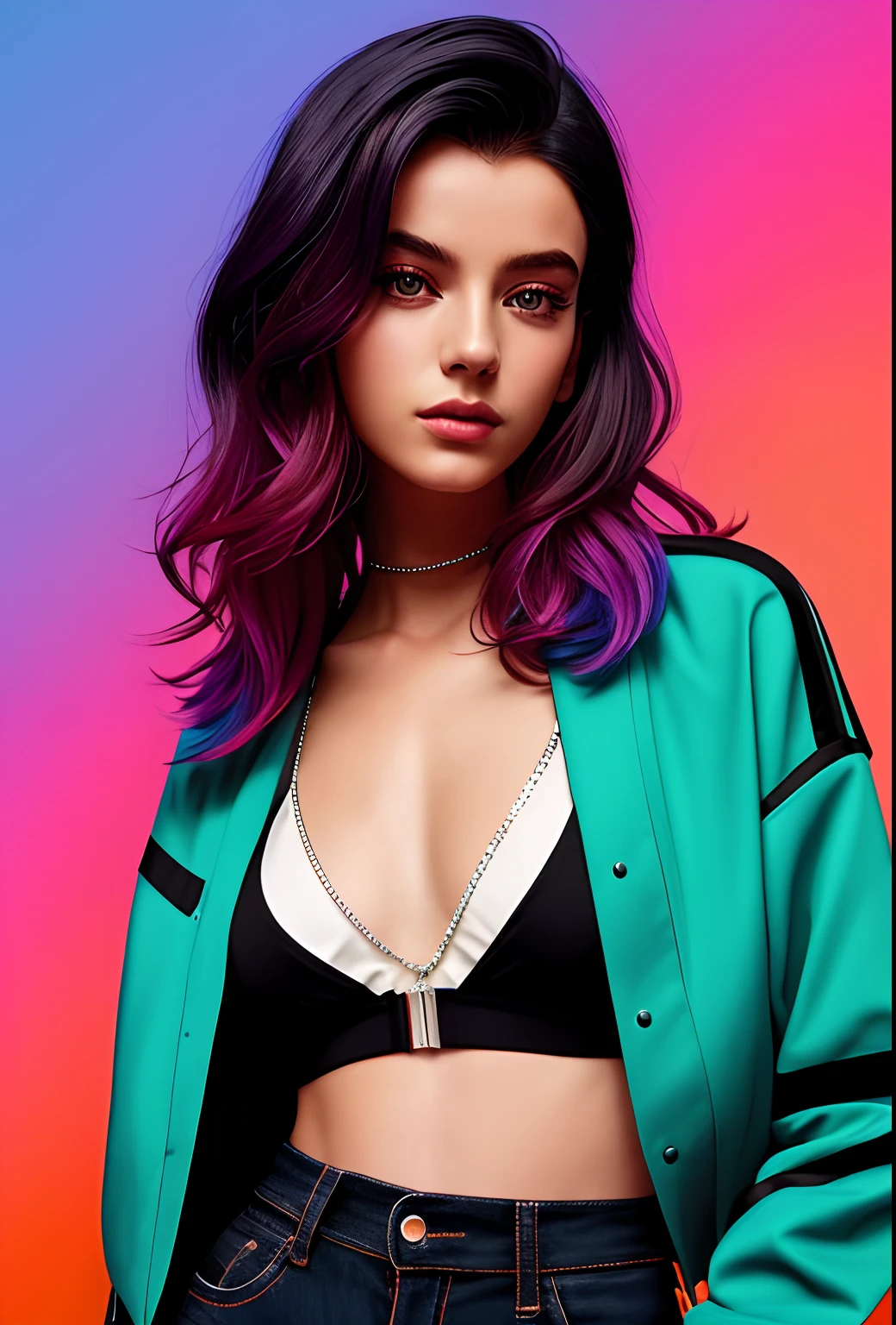 Estilo Synthwave, nvinkpunk Retrato detalhado cyberpunk (mulher sks) (mulher sks de 20 anos), Desgaste Reflexivo Neon Futurista, scientific fiction, rosto perfeito, (cabelos curtos), pele fosca, Casais, crisp detail, acume, hiperdetalhado, Hiper realista, subsurface dispersion, Hasselblad Award Winner, soft diffuse lighting, sorrir, machine face, detalhes finos, Sombreamento realista, intrincado, elegante, Retrato premiado de meio corpo de uma mulher em um croptop, Cargo jacket and pants with navy blue ombre red hairstyle, respingos de tinta, respingos, escapar, Vaporware, shaded flat illustration, Arte Digital, altamente detalhado, detalhes finos, intrincado, cintura fina, corpo inteiro, corpo de lado