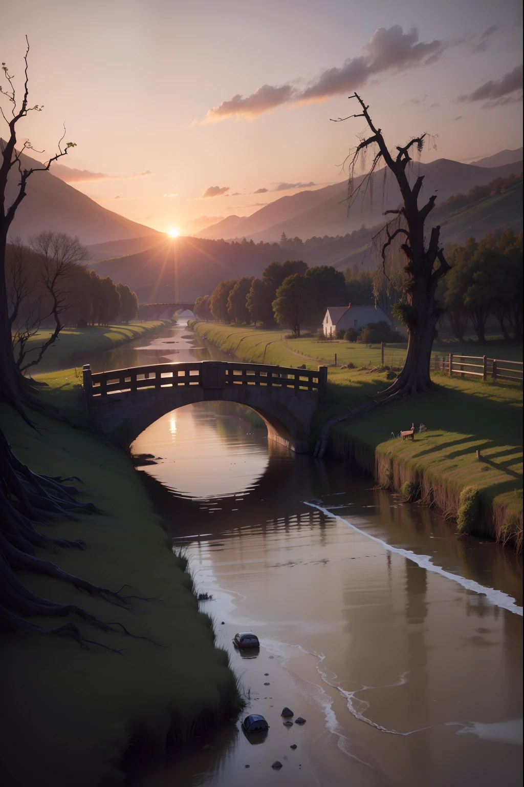 A small river,There are many dead trees on both sides of the bridge,The dead trees are covered with dead vines,On the left side of the bridge there is a farmhouse,At dusk, an old man led his old horse across the bridge and passed in front of a smoke-filled farmer