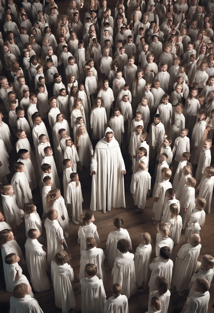 6 person childrens choir dressed in white robes, each child is holding a lit candle, they are singing a christmas carol" this was done in tensor. with this model XXMix_9realistic_v4.0 They look like they are from the twilight zone.