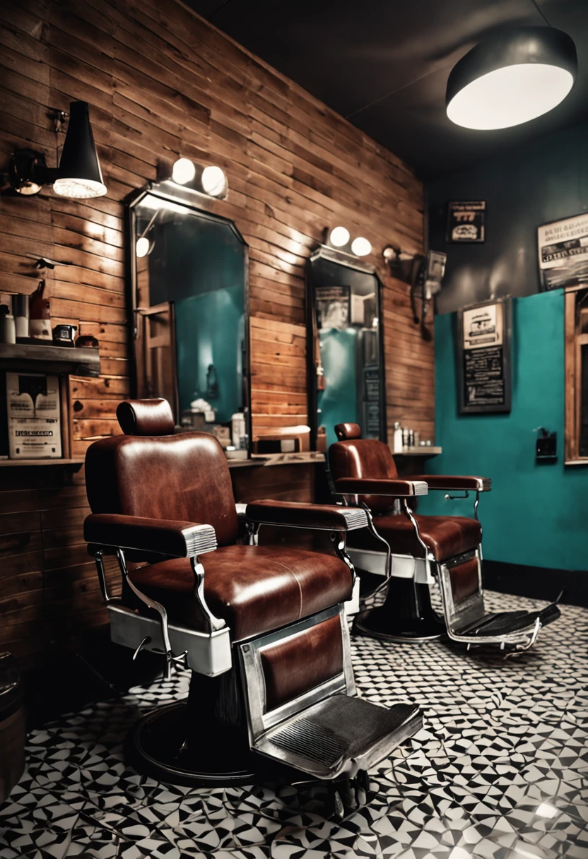 A barber cutting a customer's hair, in a modern barbershop, with large mirrors on the wall, in a retro barber chair, rustic wooden waiting benches, black and white checkered floor, realistic image, sharp image, rustic colors.