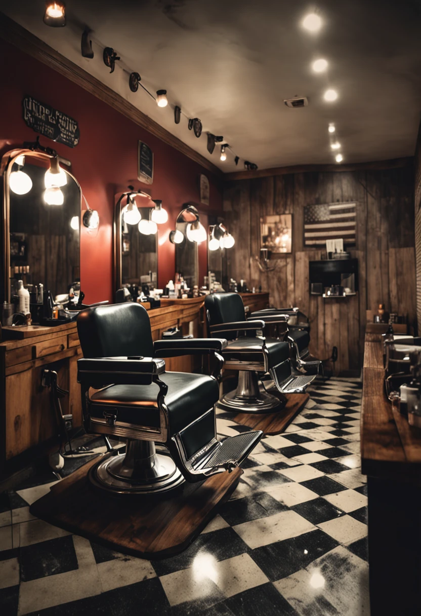 A barber cutting a customer's hair, in a modern barbershop, with large mirrors on the wall, in a retro barber chair, rustic wooden waiting benches, black and white checkered floor, realistic image, sharp image, rustic colors.