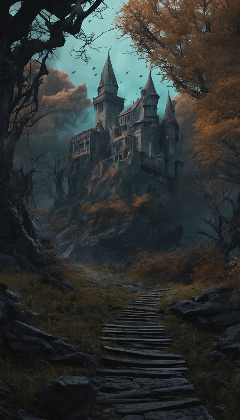 A dark and foreboding fantasy landscape, featuring a haunted and abandoned castle, with twisting vines, ghostly apparitions, and a foreboding atmosphere that creates a sense of mystery and intrigue, artstation, digital illustration, highly detailed, trending, dark colors