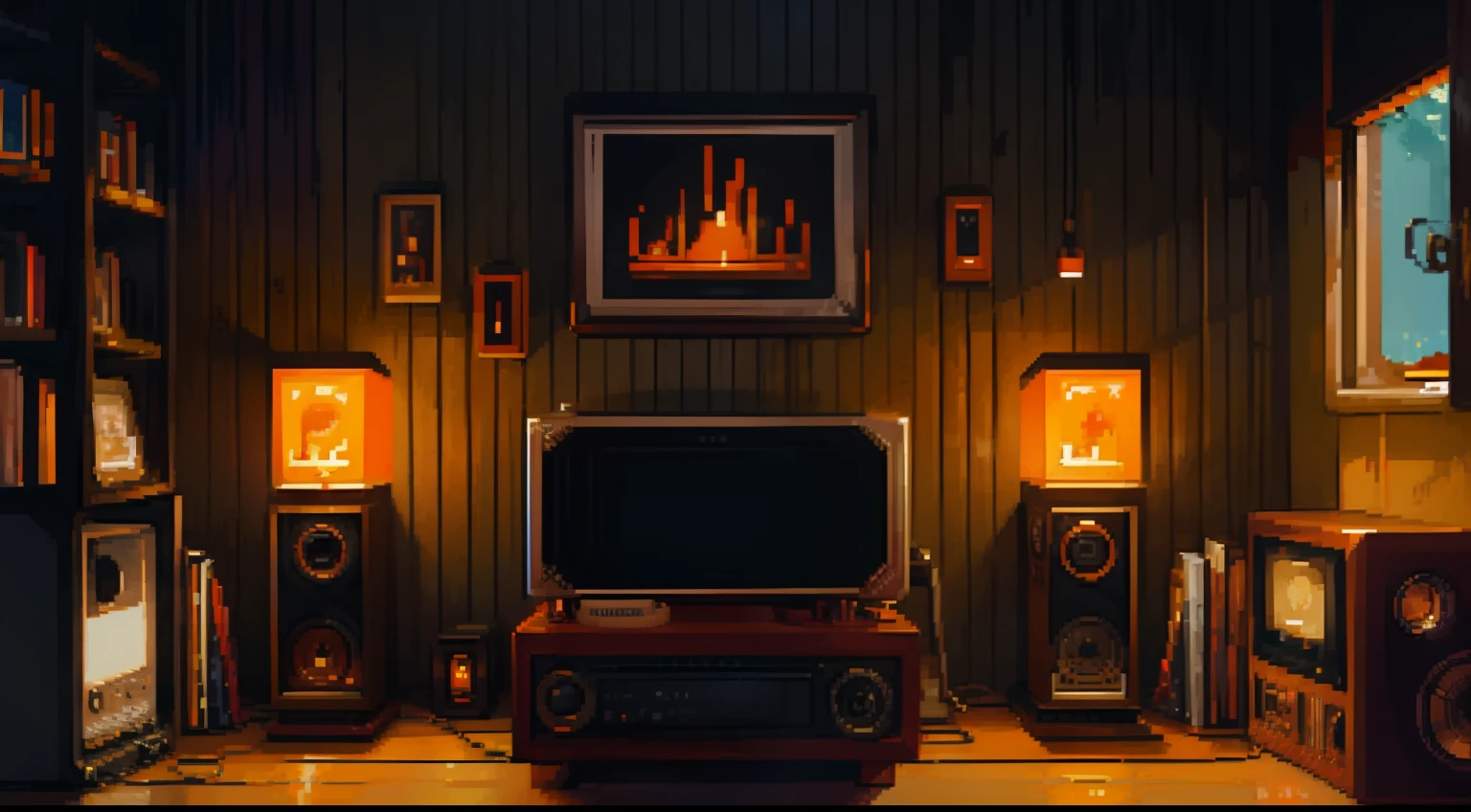 (Pixel art)、bars、One record player、Rich atmosphere、Orange lighting