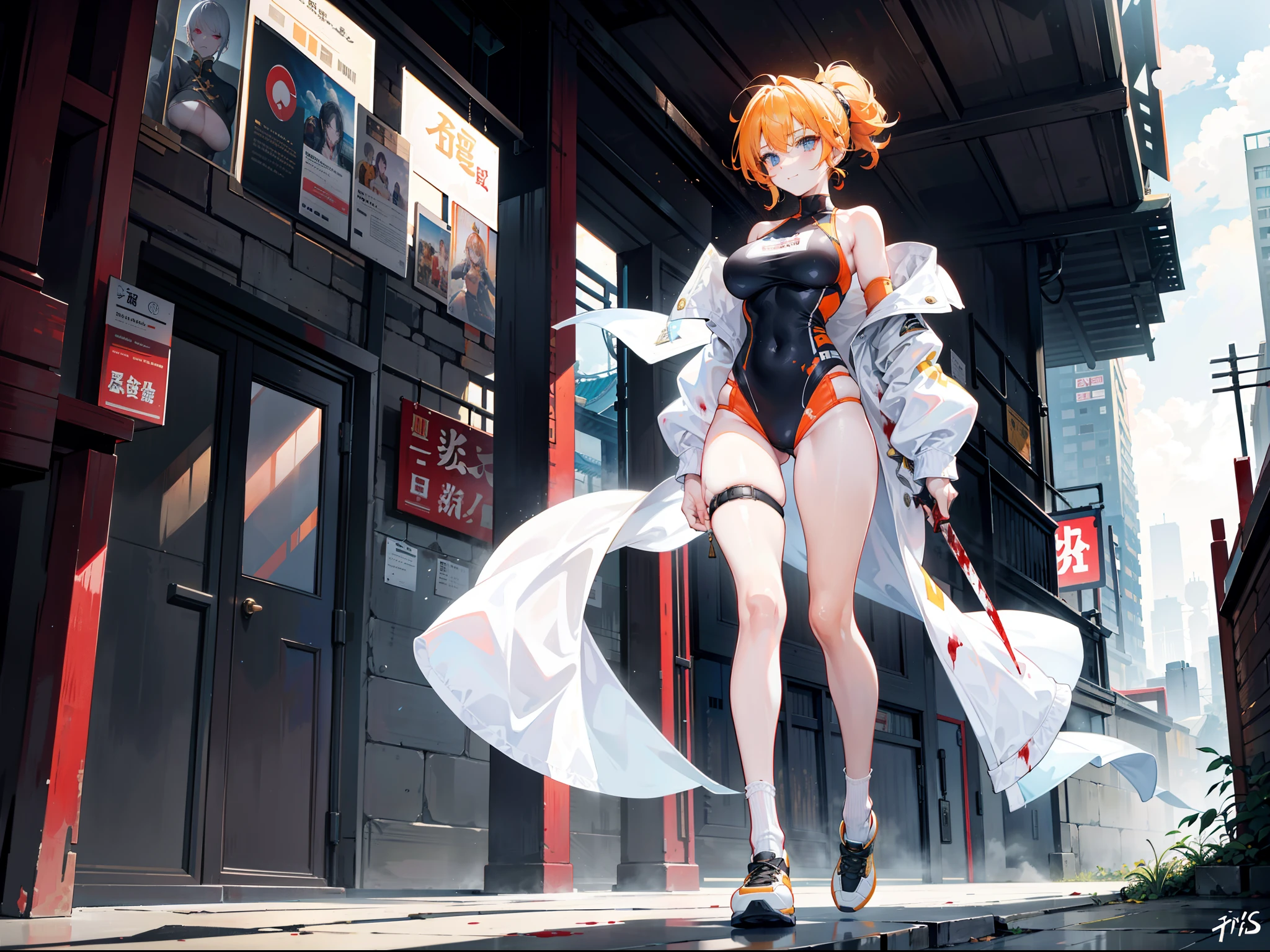 Beautiful girl with orange-yellow hair color,curlies,High ponytail,short detailed hair,Wears an antique white one-piece long-sleeved training suit,A knife hidden in his clothes,open waist,Long white socks,leather shoes,assassins,Sunny smile,Tall and tall,Standing in a city full of corpses,dark stormy clouds,China-style,huge tit,抖S,Full body photo,Extremely thin,extremely hyper,Long white socks,assassins,The legs are very thin,Best quality at best,High- sharpness,tmasterpiece,A sword stained with blood in his hand,His body was covered in blood,Sick,Heterochromic pupils,morbid,murderer,extremely hyper,His body was covered in blood,The chest is extremely large,Thin body,Wears an antique white one-piece long-sleeved training suit,open waist,White training clothes,assassins,Standing in a city covered in blood,white clothes,blood vess