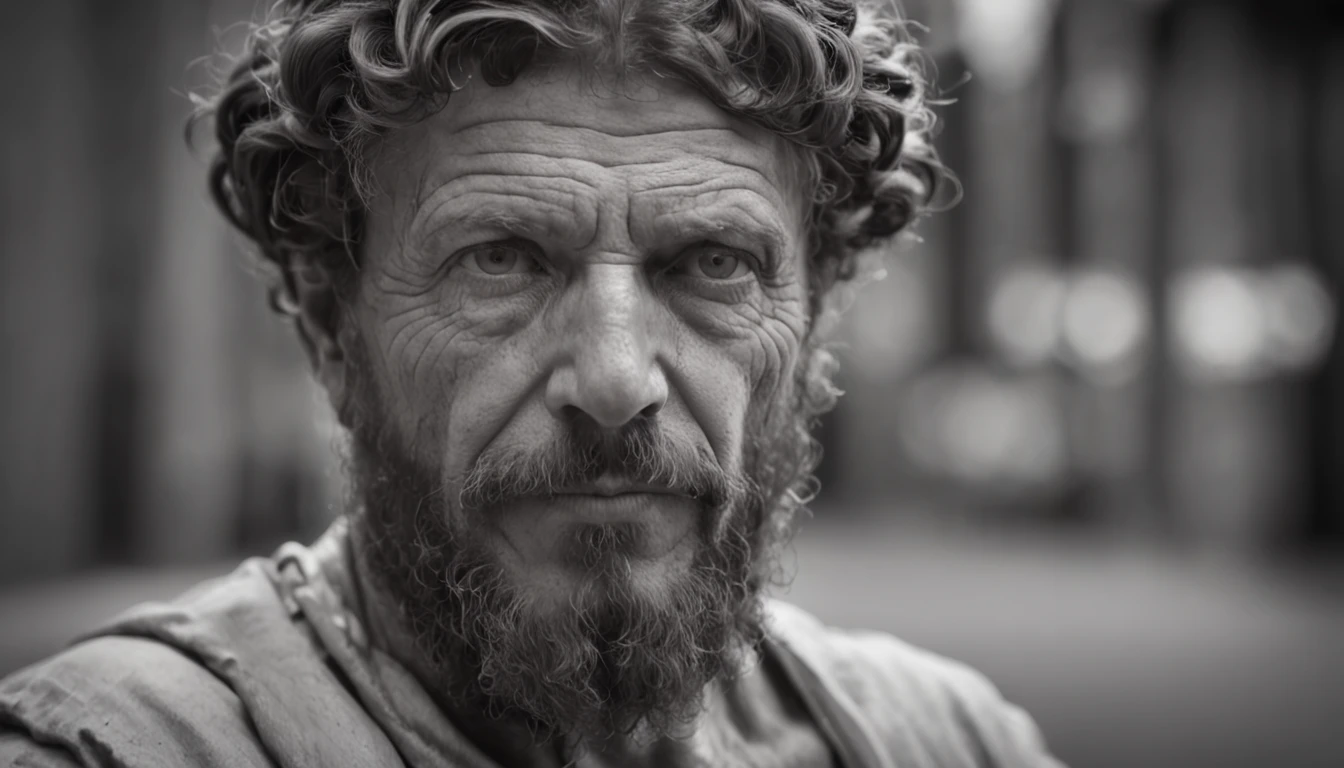 Greek statue of philosopher Marcus Aurelius, with beard and muscles, cinemactic, 8k, fundo escuro, Detailed symmetrical realistic face, textura natural extremamente detalhada, peach fluff, short hair, master part, Absurdos, Foto premiada por Lee Jeffries, Nikon Film Stock D850 Fotografia, kodak portra 400 camera f1.6 lentes, extremamente detalhado, Amazing, detalhes finos, cores ricas, textura hiper realista, dramatic lighting, UnrealEngine, trending on ArtStation, cinestill 800 tungsten,  Realistic photo, foto raw , TanvirTamim, alta qualidade, high resolution, foco nítido, extremamente detalhado, Cinematic lighting, 8k UHD,