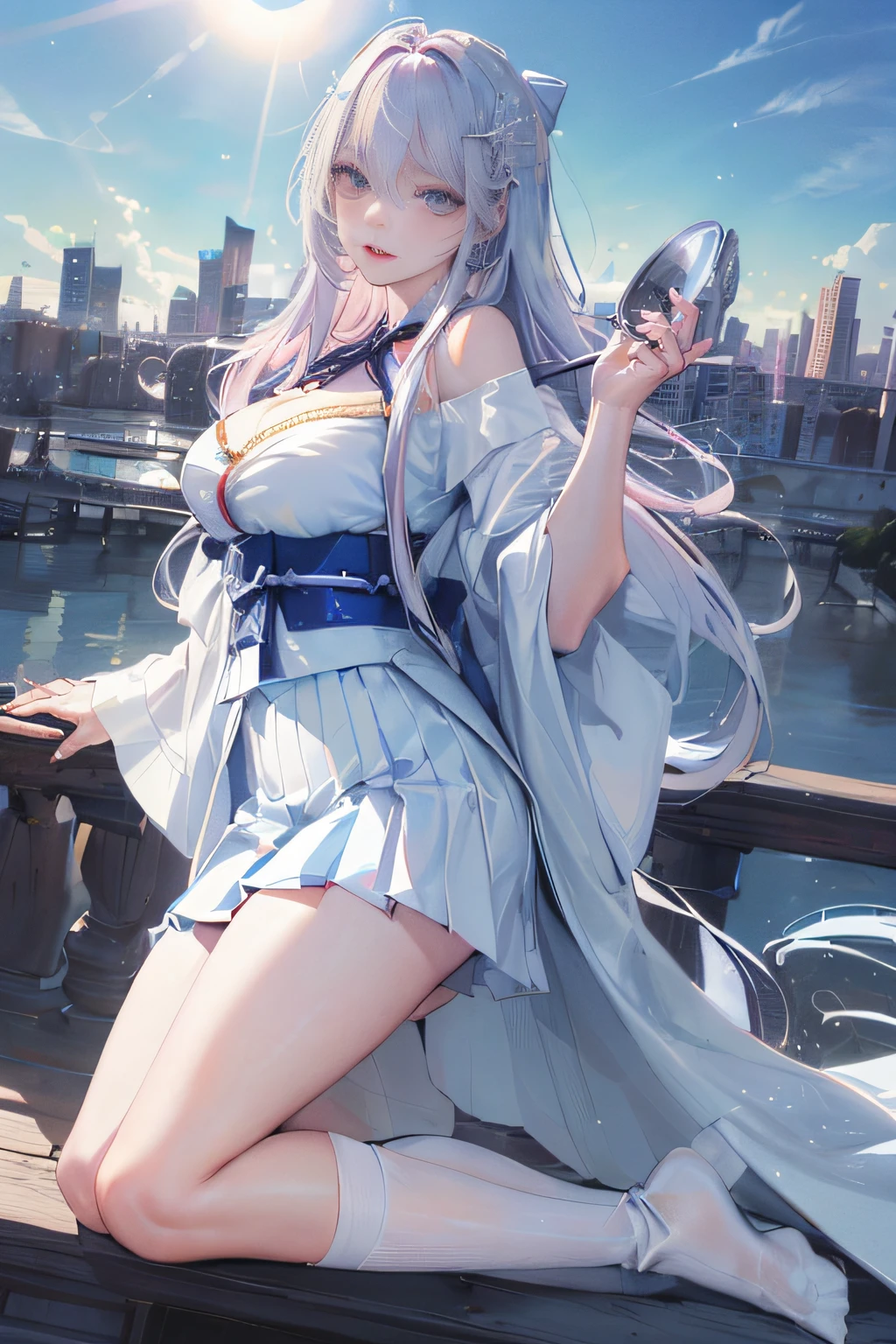 official art, masterpiece, sharp focus, (beautiful gorgeous cute Korean woman:1.3), (beautiful cute korean:1.3), korean beauty, Delicate and beautiful hair and eyes and face, realistic, ultra detailed, beautiful girl, blue sky, glow white particle, (sidelighting:1.2), sun light, white cloud, detailed clouds, slender, Lovely very large breasts and very large hips, smile with teeth, ((smile with eyes, open both eyes)), scenery, long straight hair, sexy facial expression, building, (cityscape:1.7), dynamic hair, very long straight hair, detailed platinum silver hair, glow green eyes, (pink dress: 1.7), white long socks, pale skin, hair ornament, epic scenery,