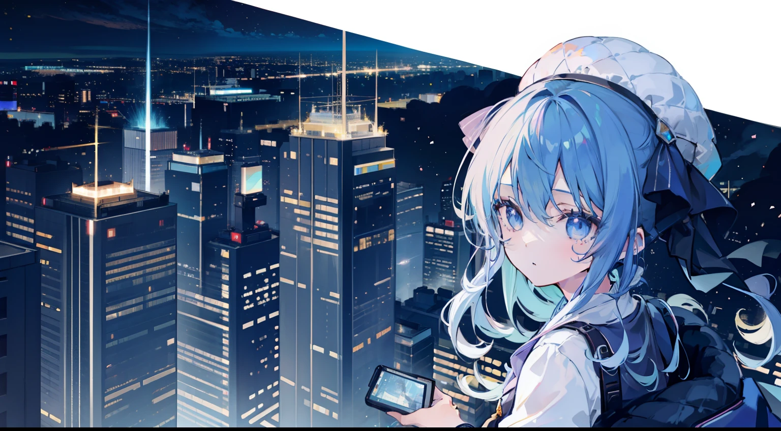 Faraway view、1girl, Hoshigai Suisei、masterpiece、top-quality、A Ray of Shooting Star、nighttime scene、skyscraper、On the roof of a high-rise building、