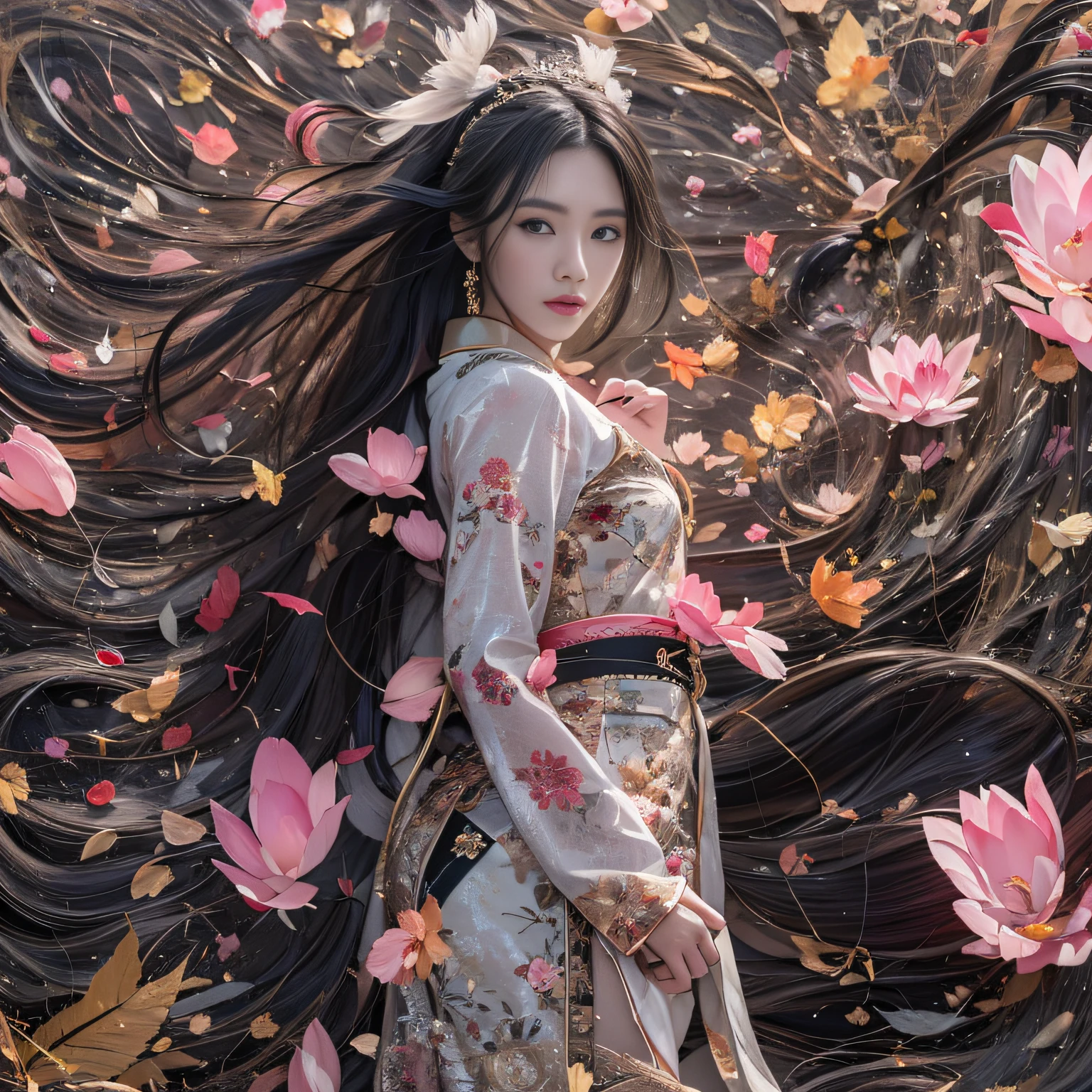 32K(tmasterpiece,k hd,hyper HD,32K)Long flowing black hair,ponds,zydink, a color, Asian people (Silly girl), (Silk scarf), Combat posture, looking at the ground, long whitr hair, Floating hair, Carp pattern headdress, Chinese long-sleeved clothing, (abstract ink splash:1.2), Pink petal background,Pink and white lotus flowers fly(realisticlying:1.4),Black color hair,Fallen leaves flutter,The background is pure, A high resolution, the detail, RAW photogr, Sharp Re, Nikon D850 Film Stock Photo by Jefferies Lee 4 Kodak Portra 400 Camera F1.6 shots, Rich colors, ultra-realistic vivid textures, Dramatic lighting, Unreal Engine Art Station Trend, cinestir 800,Long flowing black hair