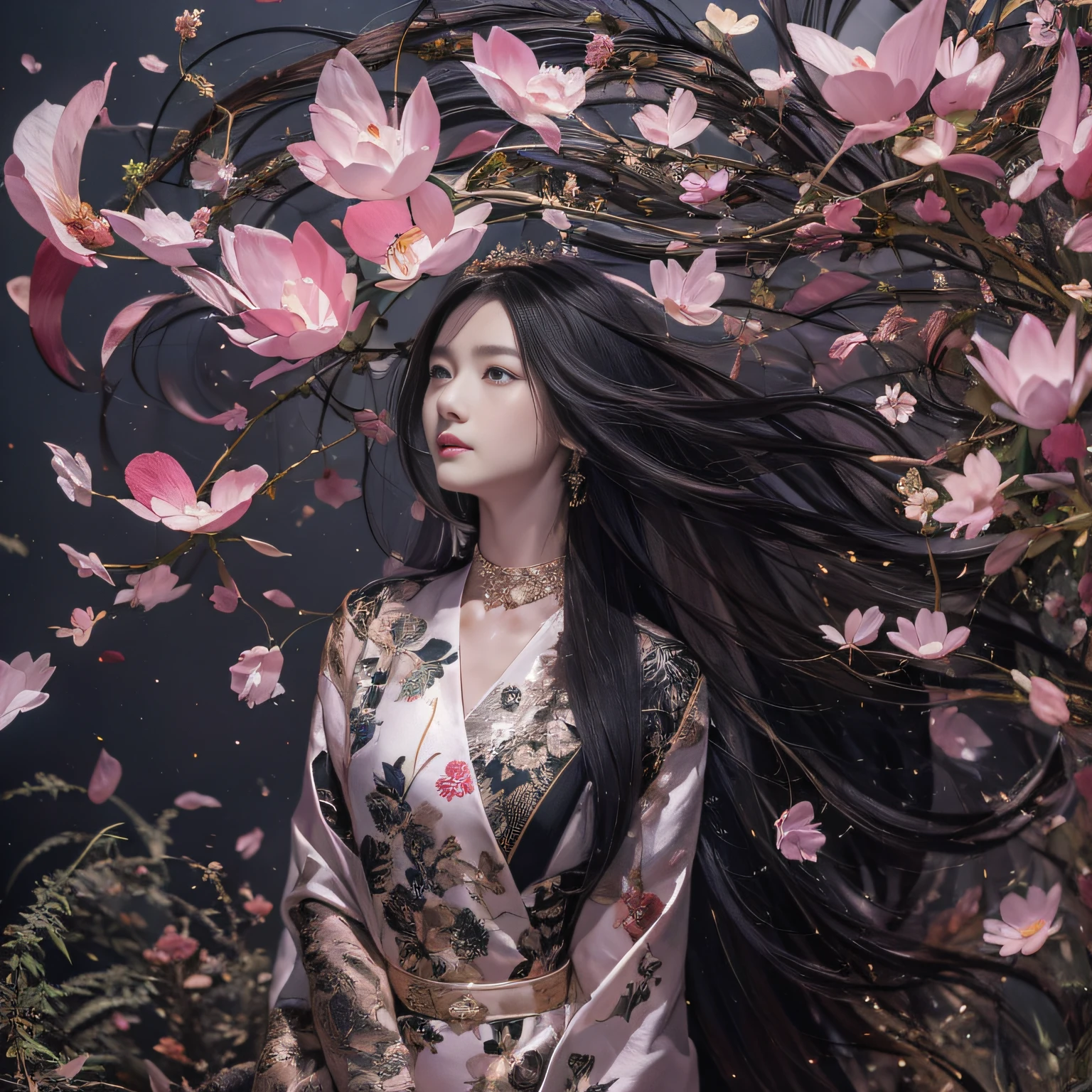 32K（tmasterpiece，k hd，hyper HD，32K）Long flowing black hair，ponds，zydink， a color，  Asian people （Silly girl）， （Silk scarf）， Combat posture， looking at the ground， long whitr hair， Floating hair， Carp pattern headdress， Chinese long-sleeved clothing， （abstract ink splash：1.2）， Pink petal background，Pink and white lotus flowers fly（realisticlying：1.4），Black color hair，Fallen leaves flutter，The background is pure， A high resolution， the detail， RAW photogr， Sharp Re， Nikon D850 Film Stock Photo by Jefferies Lee 4 Kodak Portra 400 Camera F1.6 shots, Rich colors, ultra-realistic vivid textures, Dramatic lighting, Unreal Engine Art Station Trend, cinestir 800，Long flowing black hair