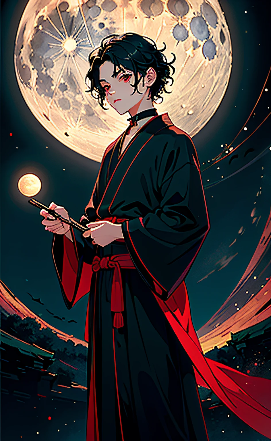 Yuji Itadori, a character from Jujutsu Kaisen, sits on the roof of his house, smoking a cigarette, staring up at the stars. A full moon illuminates his face, and he has a pensive expression. Nighttime scenery with scattered clouds. Art style: manga, dark tones, realism.