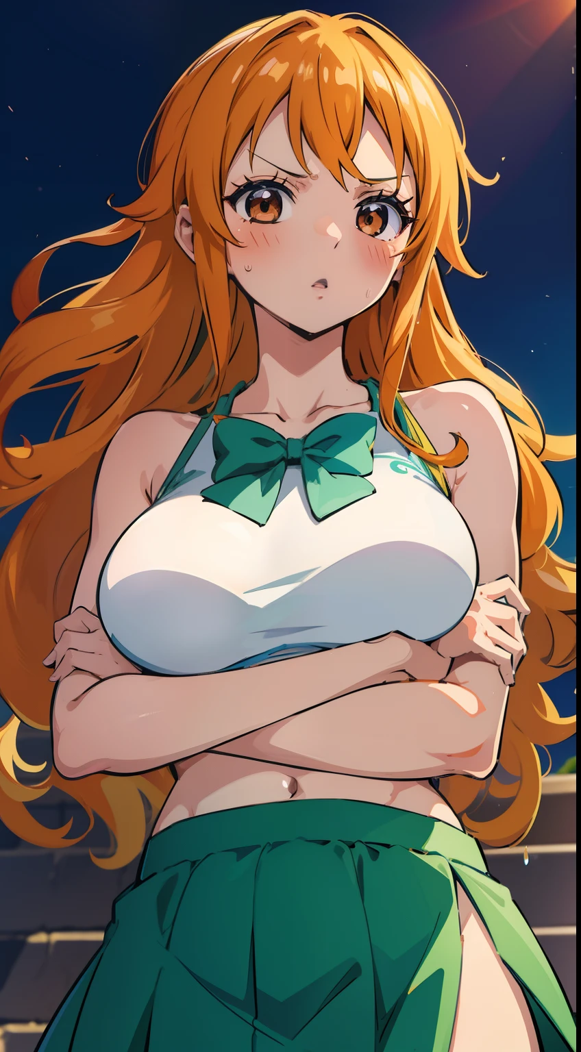 1girl,solo,super detailed skin,shiny skin,expressionless face,eyelashes,shiny lips,orange hair,long hair,blunt bangs,low-tied long hair ,large breasts,bikini armor ,cameltoe,arched back,simple background,masterpiece,best quality,ultra detailed,high resolution,sharp focus,depth of field