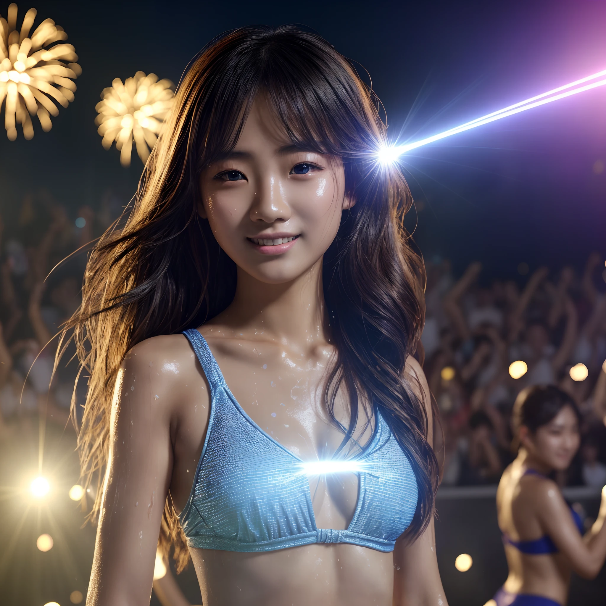 (in 8K、top-quality、超A high resolution、​masterpiece:1.2)、(Photorealsitic:1.4)、(detailed skins:1.3)、Beautiful Japan girl at  in school swimsuit、(Detail Eye) 、School swim wear、(Outdoor Rave Festival at Night)、(Background of many fireworks)、(Sweaty skin:1.25)、long hair of bright colors、looking happy smile、LED Screen Monitor、stage lighrt、Lit up、Stage lighting、laser beam、festival、Lens flare and high resolution texture GPT-3.5、Elaborate CG、cowboy  shot、physically-based renderingt、cinematlic lighting、dynamic ungle、beautiful  lighting、prisma、kirakira、(foco nítido)