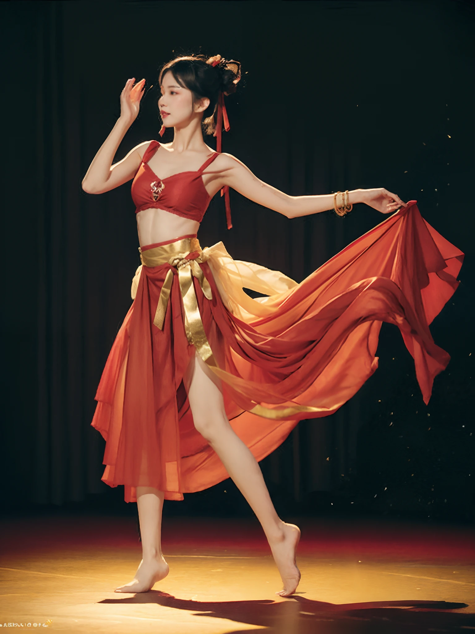 Barefoot and lightweight，Falls in the middle of the stage，A string of gold bells at the ankle，It is lined with Maihime's slender wrists，The loose red gauze pants reveal the whiteness of the skin，With the dance, the calves are inadvertently exposed and smooth，Seductive under the red light and shadow。A golden ribbon is wrapped around the waist，Not loose，But anyone could see that the curve of her waist was like a winding green snake，With a deadly elegance，The parts of the ribbon that were deliberately not retracted at both ends flew from time to time as the figure moved，Licking the air like a snake letter。The tight wrap is loosely covered with a layer of red tulle，As the dance danced, it seemed to fly unintentionally，Reveal a gel-like back，Smooth skin，Delicate bone phase，Not greasy or dry。The finely cut smooth arm wrapped loosely around the layer of red yarn，Dance gently，The soft fingers twitched the hearts of the spectators in the audience。