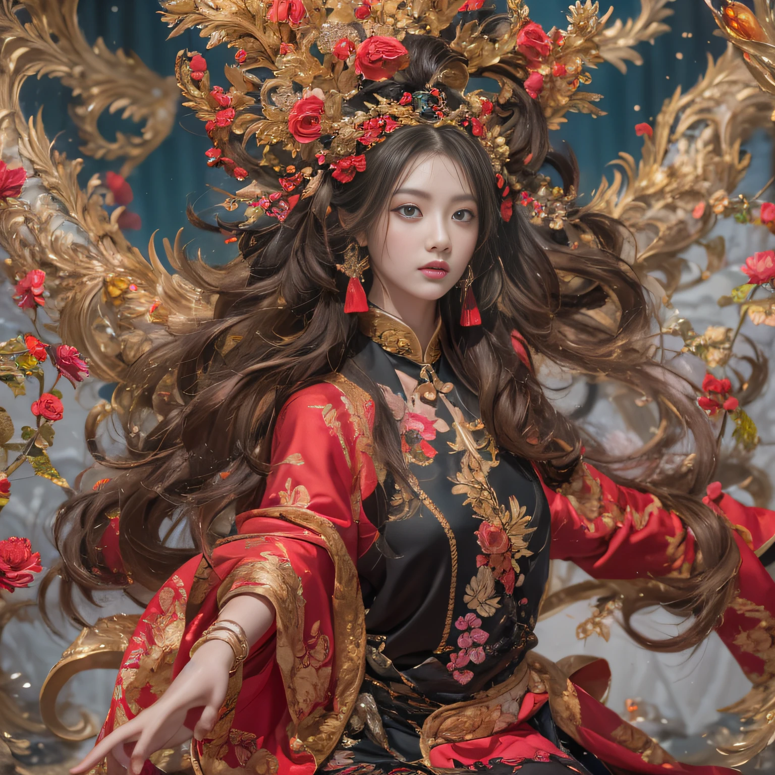 32K（tmasterpiece，k hd，hyper HD，32K）curlies，Flowing rouge，ponds，zydink， a color，  Liaoning people （Silly girl）， （Silk scarf）， Combat posture， looking at the ground，  Flowing rouge curls，Red onyx emerald emerald headdress， Chinese long-sleeved black gold garment， （abstract ink splash：1.2）， Pink lotus background，Water lily flower protector（realisticlying：1.4），Rouge hair，Autumn is in full swing，The background is pure， A high resolution， the detail， RAW photogr， Sharp Re， Nikon D850 Film Stock Photo by Jefferies Lee 4 Kodak Portra 400 Camera F1.6 shots, Rich colors, ultra-realistic vivid textures, Dramatic lighting, Unreal Engine Art Station Trend, cinestir 800，Large curls，Flowing rouge
