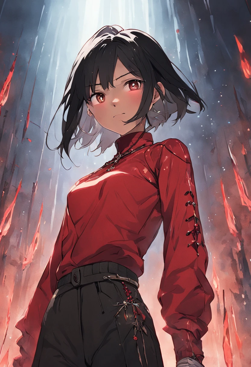 emilisia gomezi, tall, gorgeous, spanish descent, age 23, smooth skin, black hair. red color turtle neck, black fitting pants, smiling, simple silver cross necklace, working at the underground base, highly detailed, well lit, 8k, reviewing artifacts, holding a long whip. amazing detail,