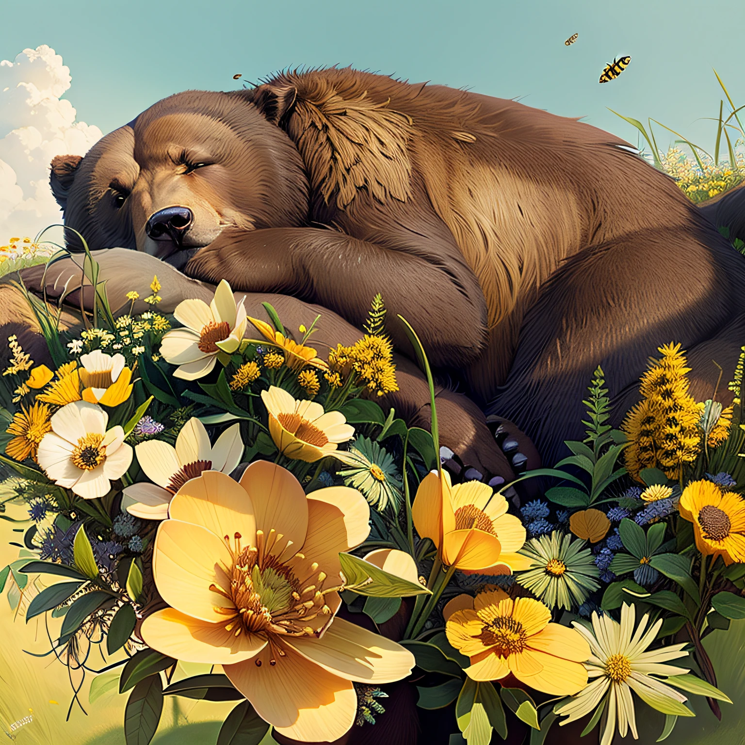 one peaceful brown bear snoozing on a grassy hill, surrounded by buzzing bees, dreaming of golden honey, rendered in the style of Bev Doolittle, one head, one face, four legs, two ears, four paws