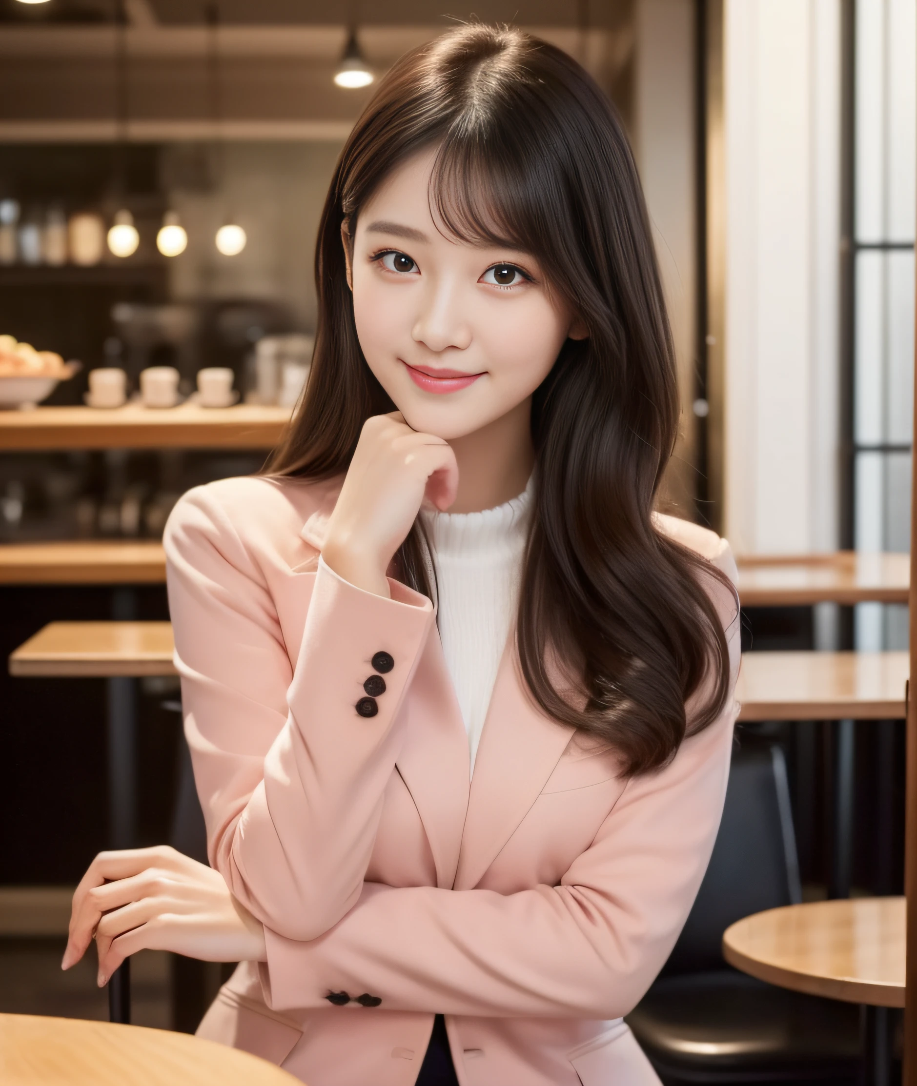 ((best quality, 8K, masterpiece: 1.3)), beautiful girl, pure, melon face, kind and cute, sweet smile, pure desire, slender body, (front), (tilted head), ((looking at camera) ), wearing a pink suit, black silky medium hair, long flowing shoulders, round black big eyes, clear big eyes, moist red lips, sweet, sitting in a cafe, cafe background , (((whole body))),