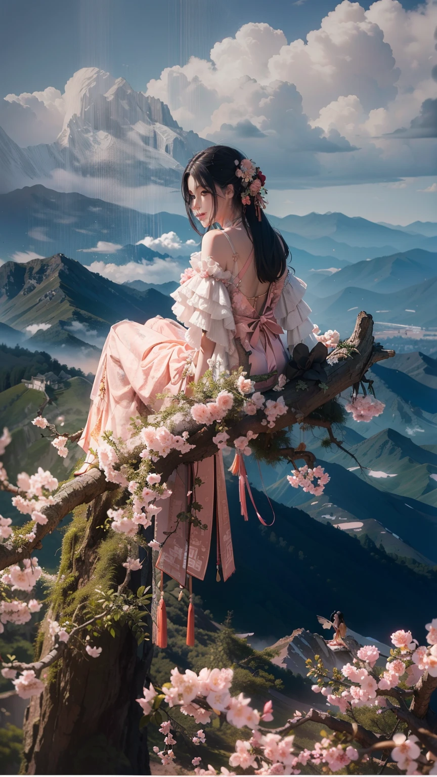 (tmasterpiece,best qualtiy:1.3),Real photos,((Sit on a branch)),On the branch sits an ancient Chinese fairy,Black hair dotted with peach blossoms,The peach trees are full of peach blossoms,Surrounded by mountain peaks,Yunfei,The light from the back window is backlighted,in a panoramic view,very wide angle shot,Cinematic lighting effects,Super resolution,8K,Works of masters,