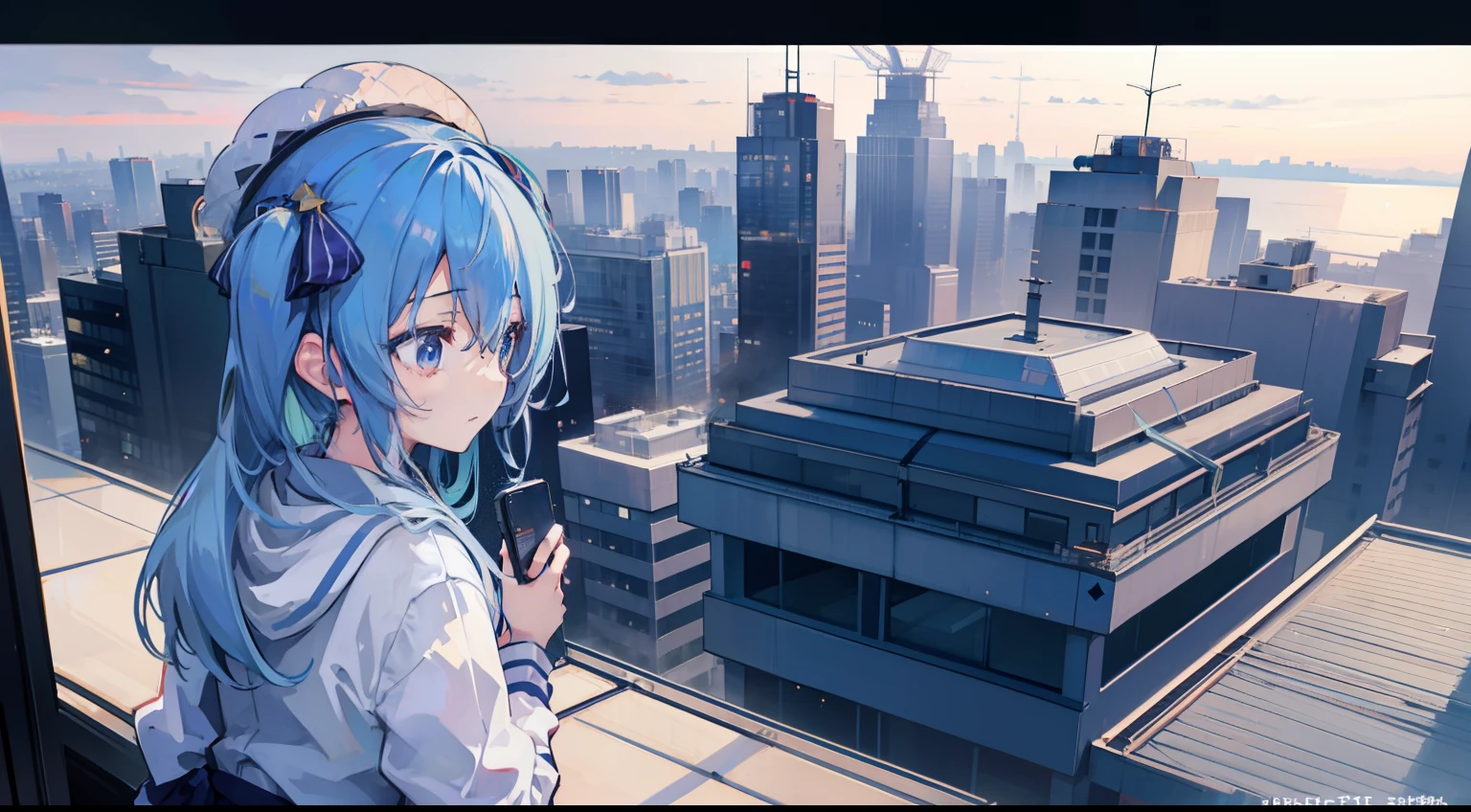 Faraway view、1girl, Hoshimachi Suisei(hololive)、masterpiece、top-quality、A Ray of Shooting Star、nighttime scene、skyscraper、On the roof of a high-rise building、