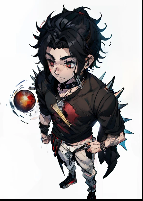 um meio elfo, medium black hair half spiky, Olhos vermelhos, Dragon scales from cheek to neck, um moletom preto com duas listras verticais na costela, White Jens pants with red scribbles and black sneakers, dragon scales on the right hand and on the left a black glove holding a floating sphere