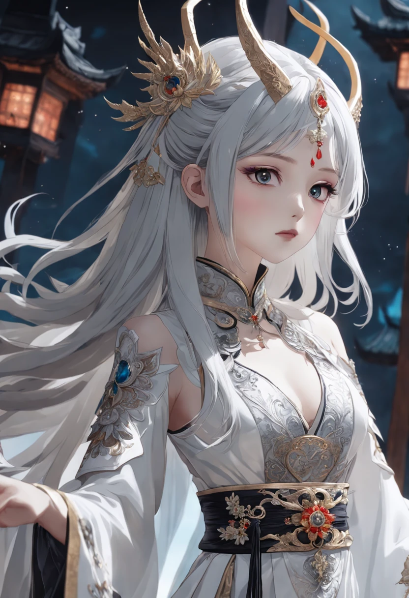 Close-up of dress on mannequin in black and white dress, fantasyoutfit, fantasy style clothing, intricate outfits, adorned in majestic attire, lunar themed attire, Wearing Gorgeous Costume, adorned in majestic attire, very detailed and rich clothing, fantasy clothing, White Hanfu, Chinese costume, wearing fantasy formal clothing, intriguing outfit, astral witch clothes, beautiful costume, Gorgeous Role Play