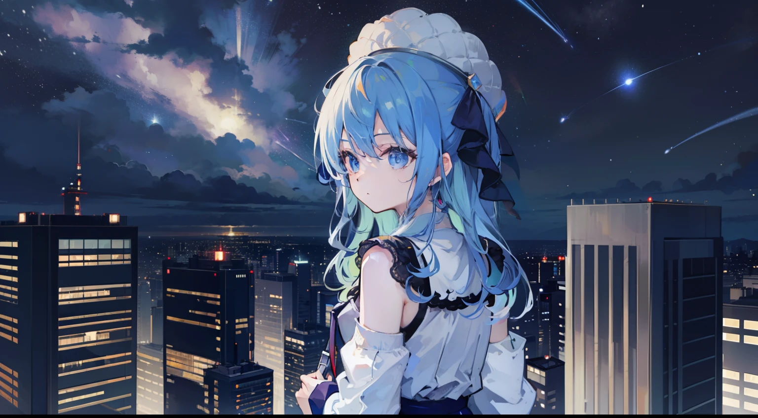 Faraway view、1girl, Hoshigai Suisei、masterpiece、top-quality、A Ray of Shooting Star、nighttime scene、skyscraper、On the roof of a high-rise building、