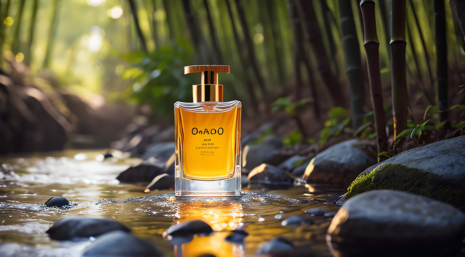 A bottle of perfume stands on a stone,Stones in the middle of the stream,Surrounded by bamboo forests,midday outdoor lighting,open air,nature backdrop,summer day,scorching weather,high detal,high brightness,Too much detail,ultra-realistic realism,the soft light,studio lit,diffused soft light,shallowdepthoffield, sharp fokus, bokeh effect, Ray tracing, sub surface scattering, Complex soft light, diffused soft light, highly detailed glass reflection, Ultrathin(Ultrathin), Ultrathin) (thinness, hyper-detailing), cinematic ligh, ultra-realistic realism, hardware, best qualtiy, 超A high resolution (realisticlying: 1.4), A high resolution, the detail, Original photography, Clear reproduction, 4 Kodak Portra 400 stock camera, F1.6 shots, textures true to reality, Spectacular lighting, Not a real engine, Popular on ArtStation, There are up to 800 cinemas,
