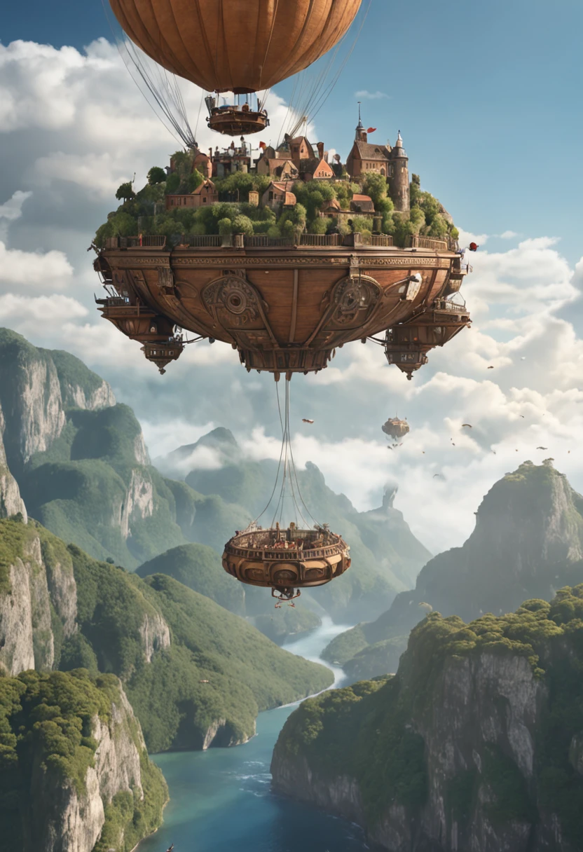 Many islands are suspended in the air with many small airships flying around, cities, fantasy, magical plants growing, extreme details, realistic light, epic composition, (complex details), (complex design, ultra-details :1.2), Art Station, (Masterpiece, Best Quality), Ultra HD, 32k --v 6