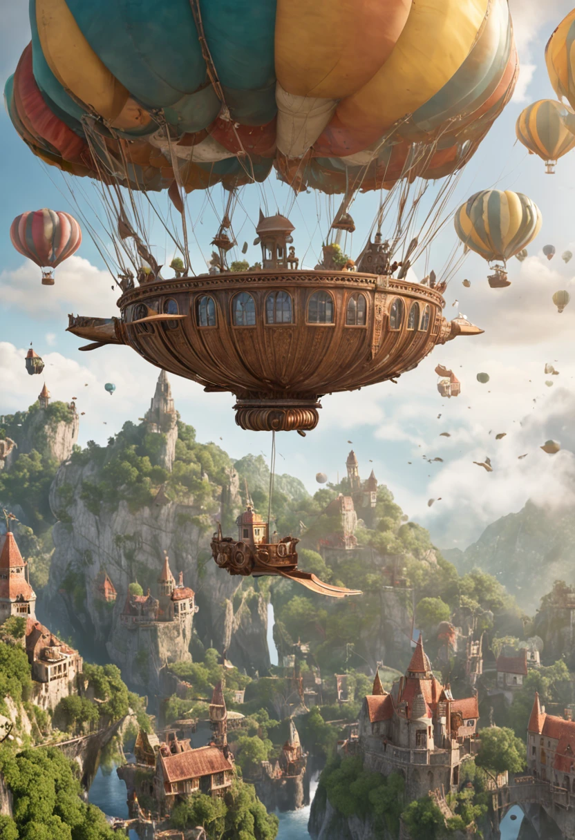 Many islands are suspended in the air with many small airships flying around, cities, fantasy, magical plants growing, extreme details, realistic light, epic composition, (complex details), (complex design, ultra-details :1.2), Art Station, (Masterpiece, Best Quality), Ultra HD, 32k --v 6