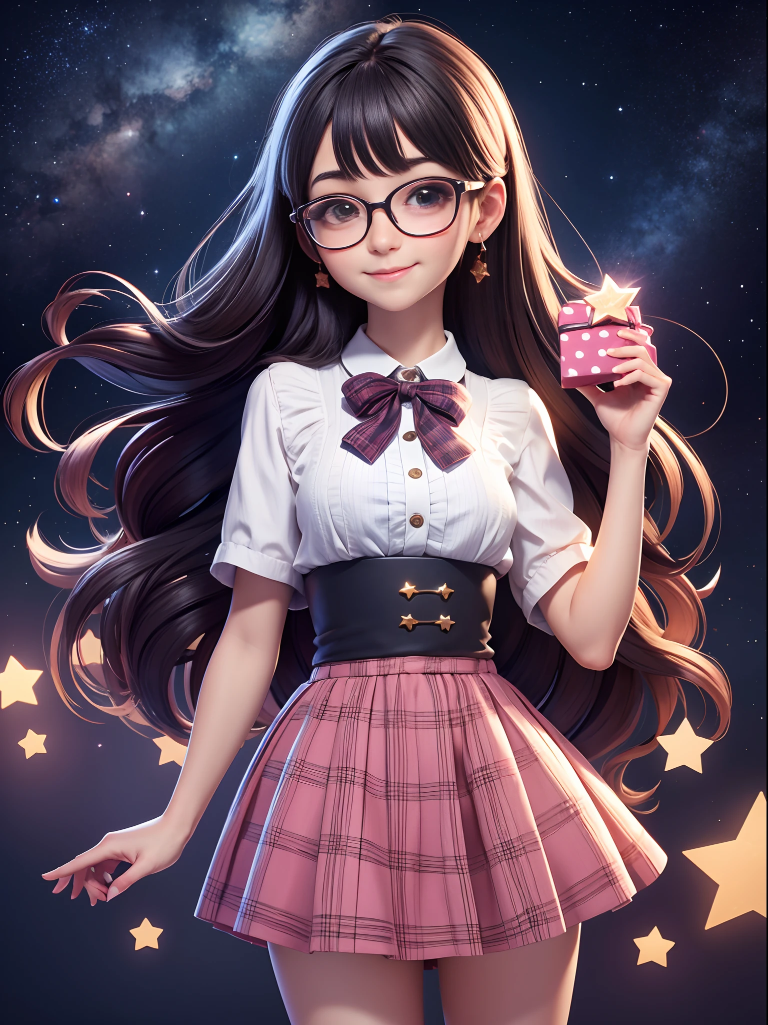 cute glasses girl is holding a gift box, stars, dream, masterpiece, 3dmm style