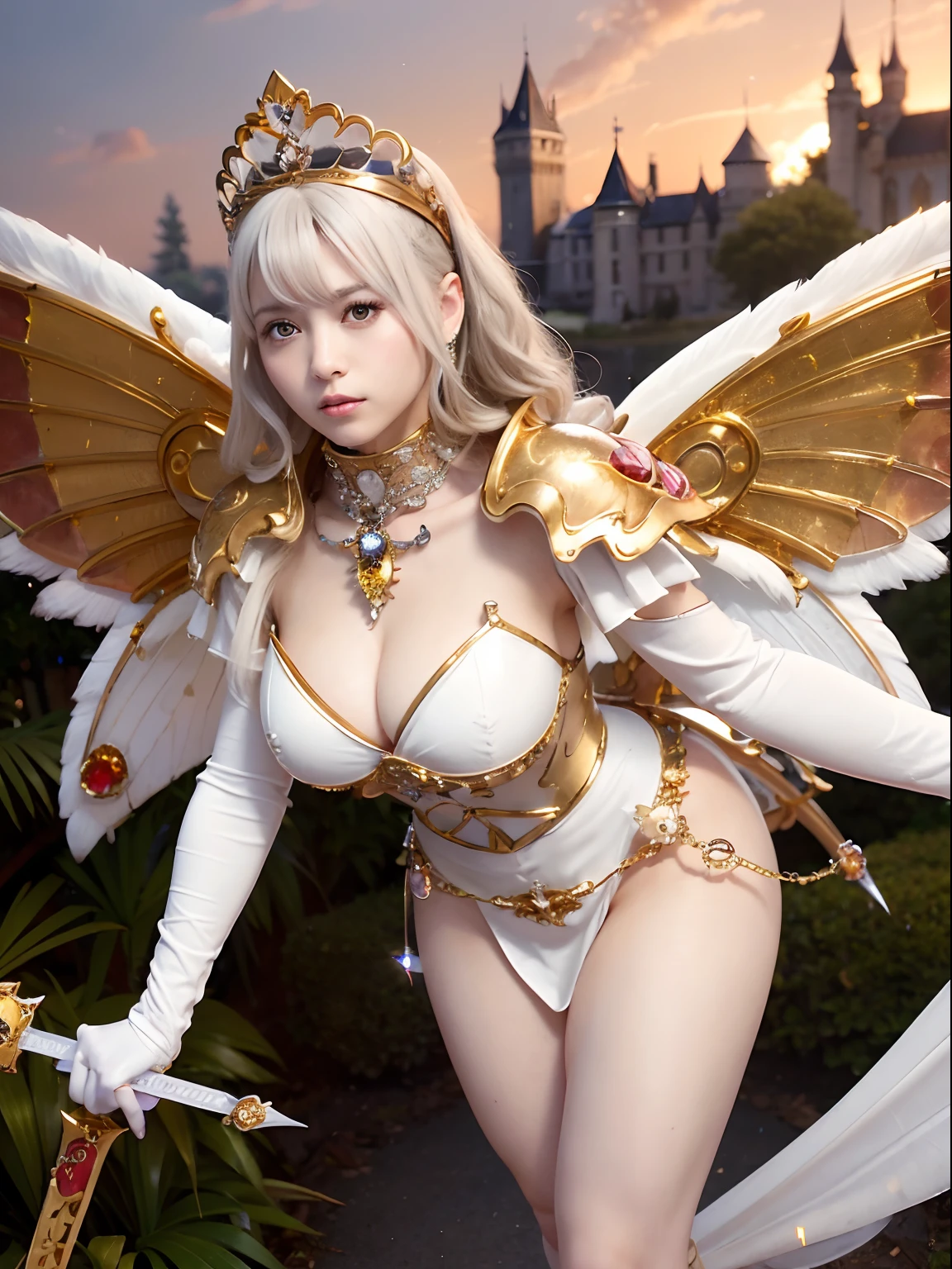 (masutepiece), Professional , masterpiece、top-quality、photos realistic , depth of fields (Gemstone Silver Metal Body:1.9),(Matte White、Jewel Gold Weapon、(Gorgeous castle background)、(ultimate beauty girl)、(Fairy wings grow on her back)、(Jewel Metal Body:1.9),Gorgeous Jewel Metal Weapons , Detailed Sword of the Brave ,( a blond) ,warhammer 40k , adepta sororitas,Detail and ornate jewel crown、独奏、Brown hair、(Gangle's forest background)、Beautiful Caucasian beauty、1a person、dynamic ungle,(((Diamond tiara with detail and luxury)))、a small face、Powerful poses、(Gorgeous castle background)、huge filesize、20 year old beautiful woman、Stand in the center of the screen、Thin female fingers、Straight long hair、Beautiful Caucasian beauty、cleavage of the breast、