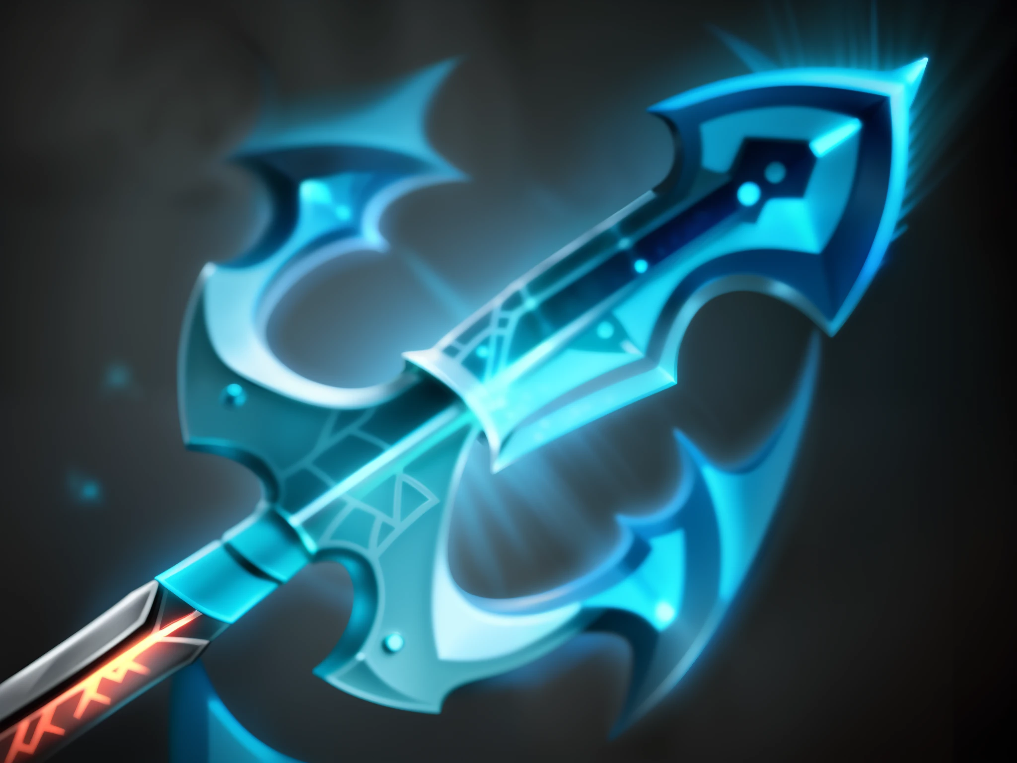 Trident close-up，The surface of the trident has blue light，Glowing blade，Sharp metal trident，Light blue sharp blade，The surface of the blade has a blue glow，Brass grip，The surface of the blade emits a magical light