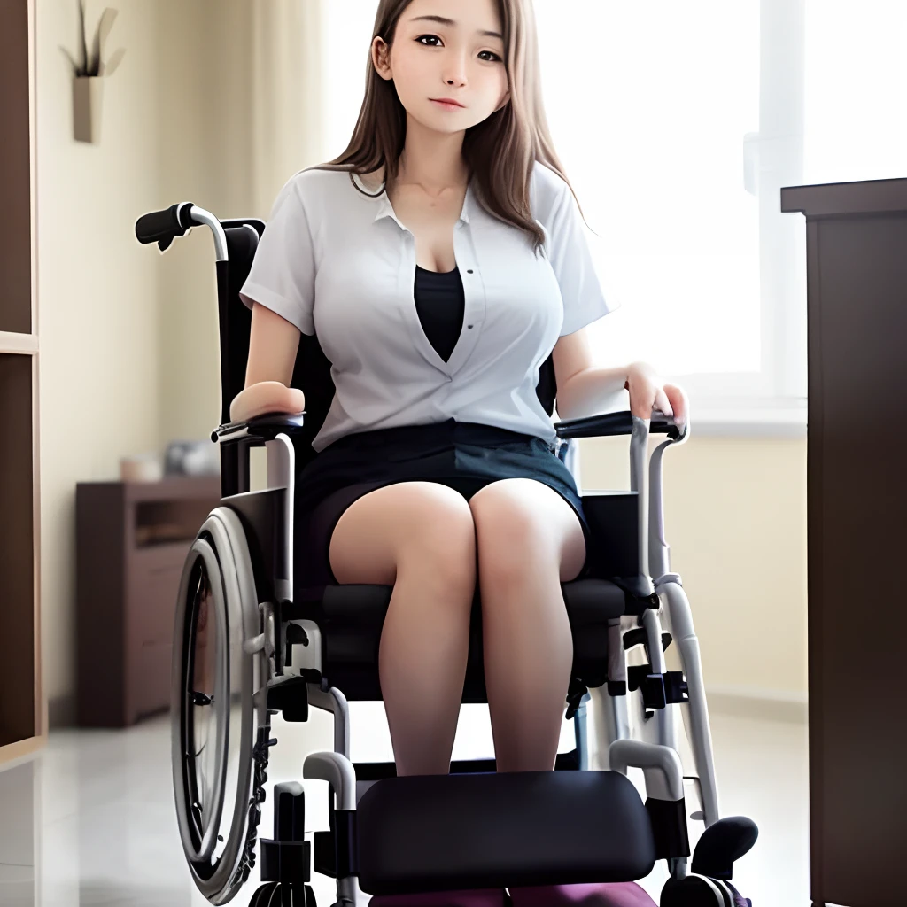 The girl with paralysis in her lower body is in a wheelchair，very thin legs，Bigboobs，Thin stature