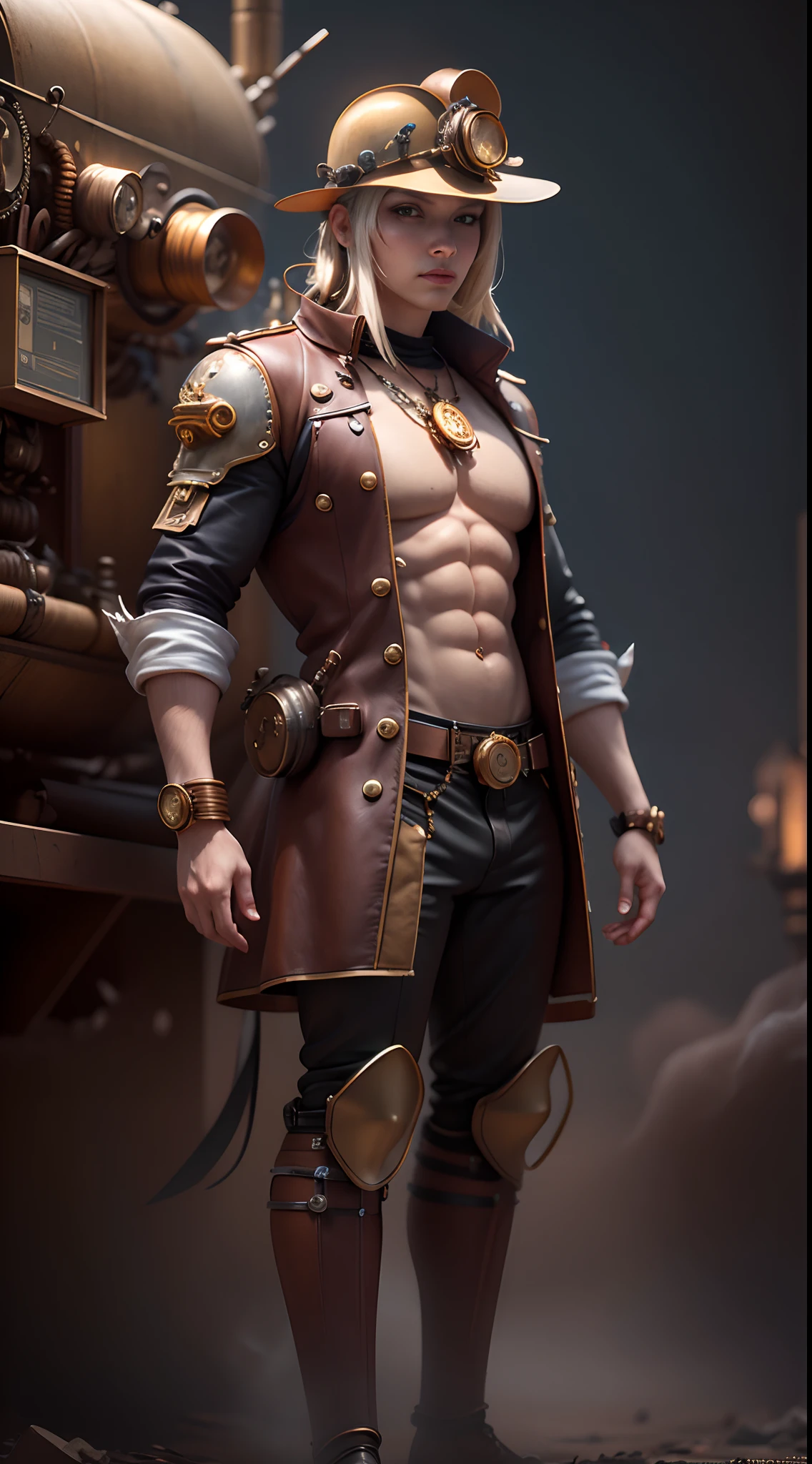 Best quality, dynamic pose, extreme detailing, volumetric lights, luscious metallic textures, muscular, naked, black, wearing a steampunk jockstrap, handsome face, steampunk helmet, steampunk clothing on his arms only, seen from a low angle