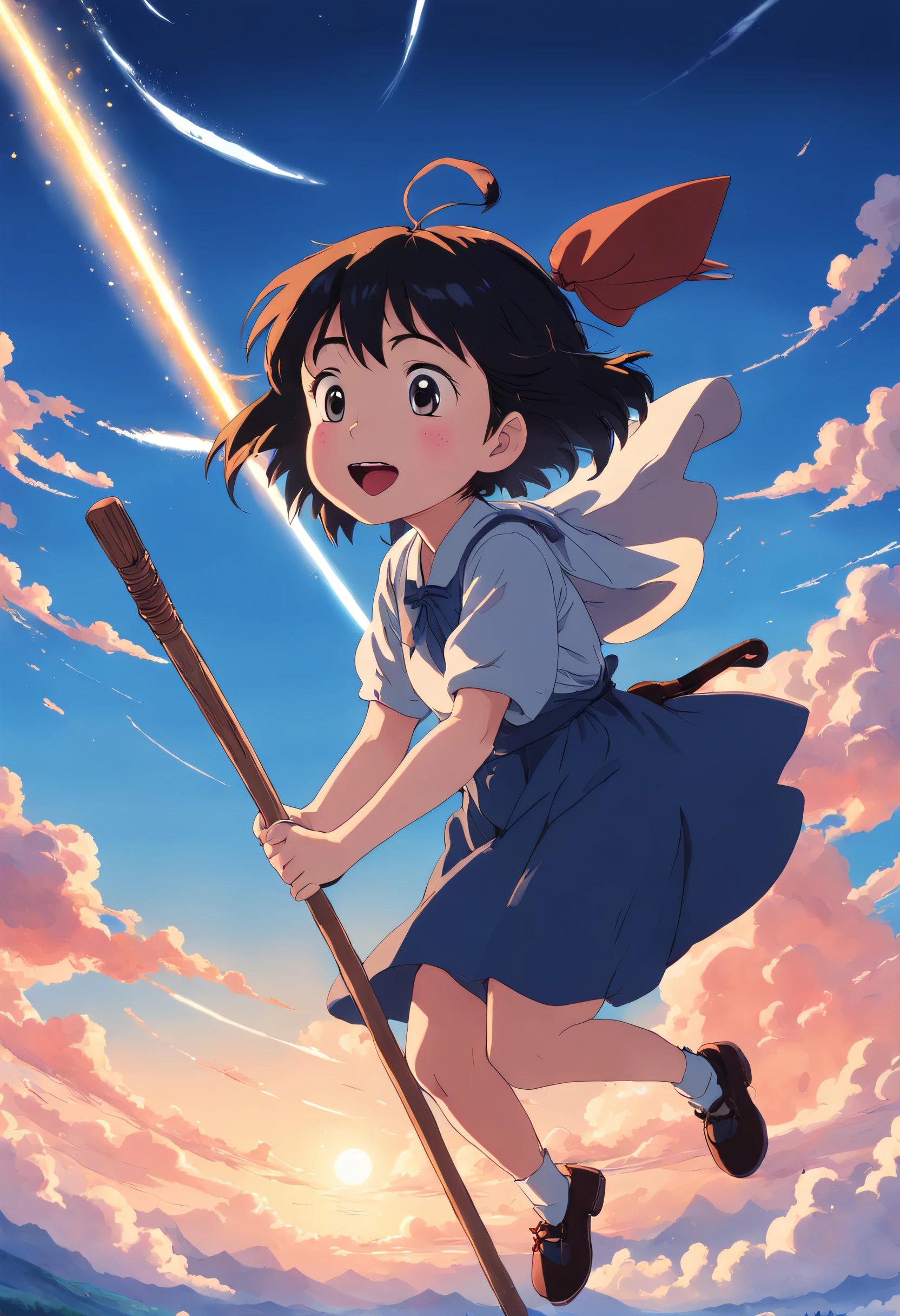 masterpiece, best quality, movie still, 1girl ride on a broom flying on the sky, kikis delivery service, miyazaki's animated film, ghibli anime, cloud floating in the sky, blue sky, close-up, bright, happy, warm soft lighting, sunrise, (sparks:0.7)