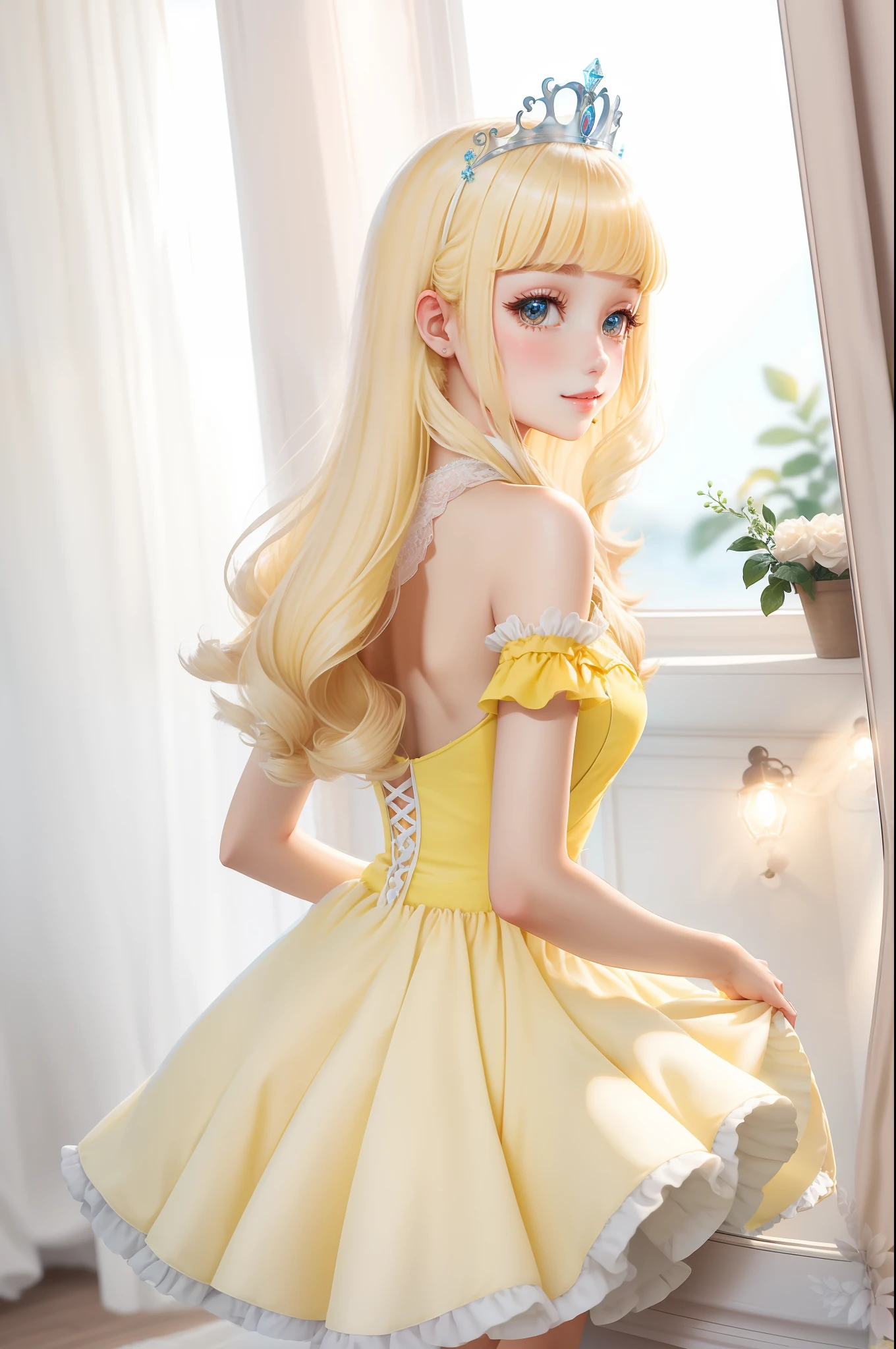 Princess A Princess Soft Best quality in good style(Highest Quality) , High quality(hiquality) Yellow fluffy dress blonde with soft hair poneyTail The whole body is reflected A wonderful atmosphere with very delicate tones