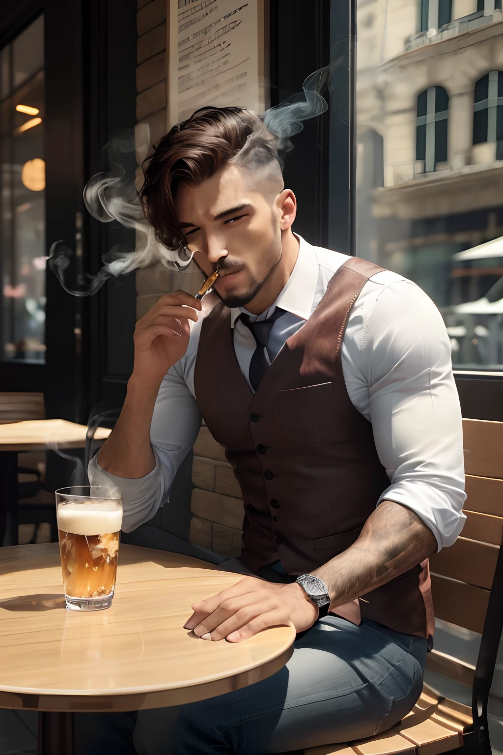 Homem sentado em uma mesa fumando um cigarro e bebendo uma cerveja, com charuto, bonito e atraente, homem bonito, homem atraente, macho sexy, usando colete e gravata, charuto para fumar, enquanto fuma um charuto, sem camisa sob o colete, bonito e elegante, apelo masculino alta moda, elegante, Macho bonito, fumar um charuto,livro na mesa,cinzeiro na mesa