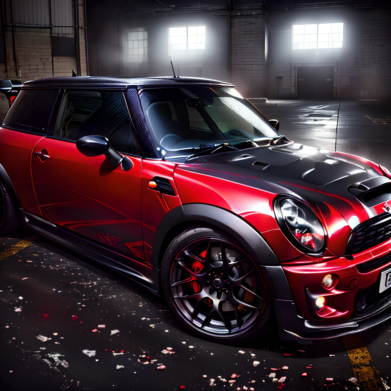 arafed red carbon fibre mini cooper, wide body kit, epic stance, mini cooper, kodak chrome : : 8 k, full car, mini cooper s, full body wide shot, a wide full shot, candy apple blood red, powerful stance, front shot, black car, wide long shot, tunning, R53 Mini Cooper S JCW, ((carbon fibre, Liberty walk ultra wide body kit)), aggressive stance ((background: inside old industrial style building, large windows in background, overcast sky, heavy industrial look, cobble stone street)), 8K quality, realistic, realism, sharp, detailed, ultrawide, black and carbon fibre scheme, front profile, epic stance, epic ultra wide body kit, super low stance, aggressive looks