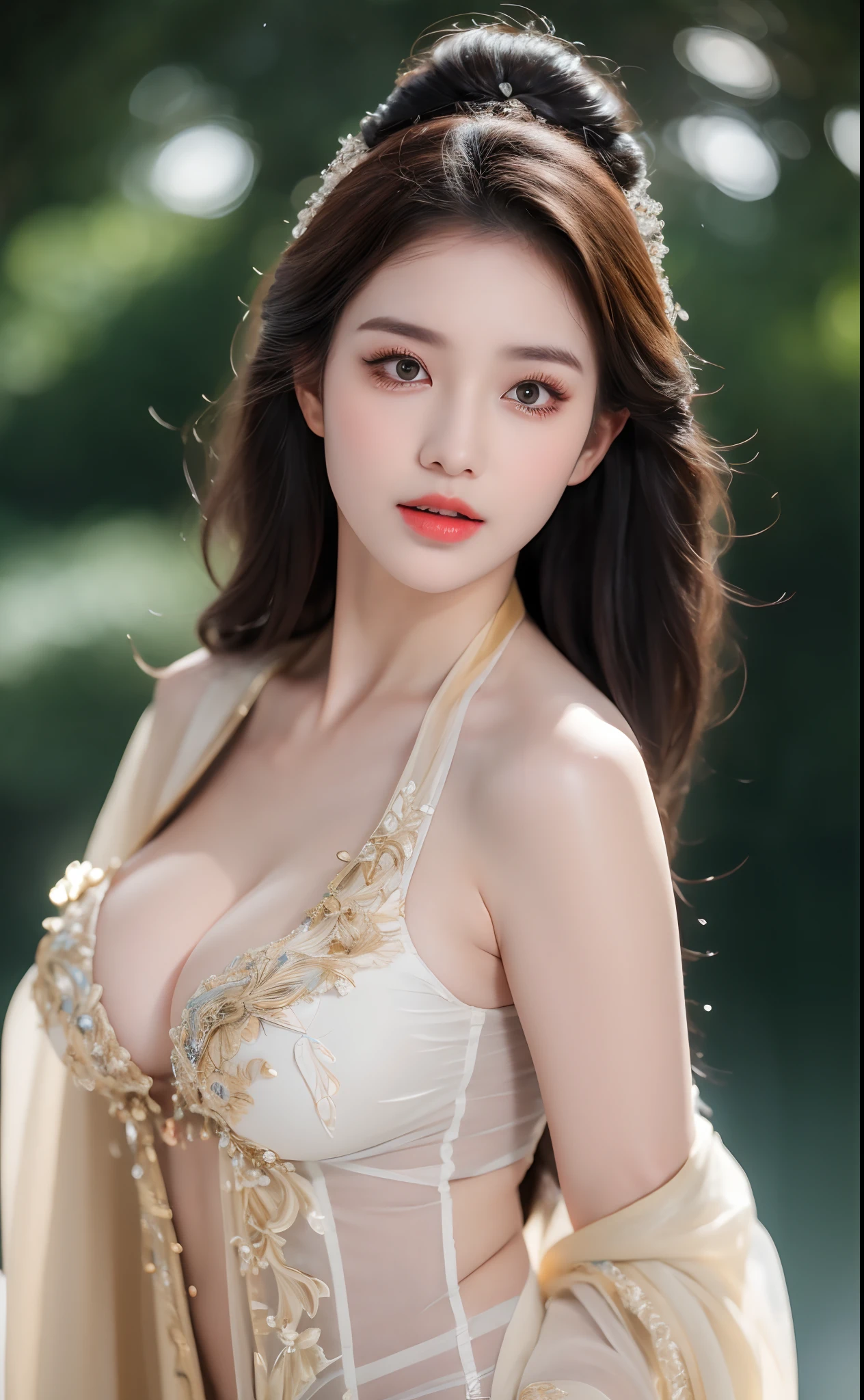 ((Best Quality, 8k, Masterpiece: 1.3)), Focus: 1.2, Perfect Body Beauty: 1.4, Buttocks: 1.2, ((Layered Haircut)), (Wet Clothes: 1.1), (Rain, Street:1.3), (Breasts: 1.2), (Hanfu: 1.2), Bare Shoulders, Bare Legs, Highly Detailed Face and Skin Texture, Fine Eyes, Double Eyelids, Whitened Skin, Long Hair, (Shut Up: 1.5), (Bokeh Background: 1.5), Big Breasts